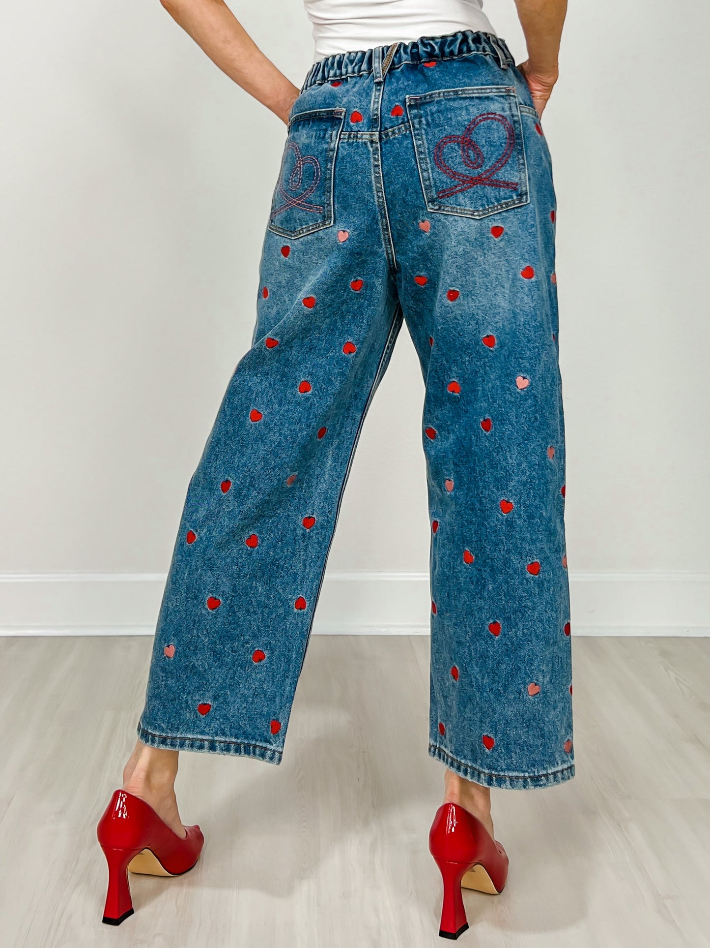 Washed Heart Embroidered Boyfriend Jeans