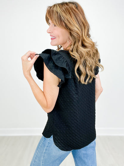 Textured Jacquard V-Neck Ruffled Sleeves Top