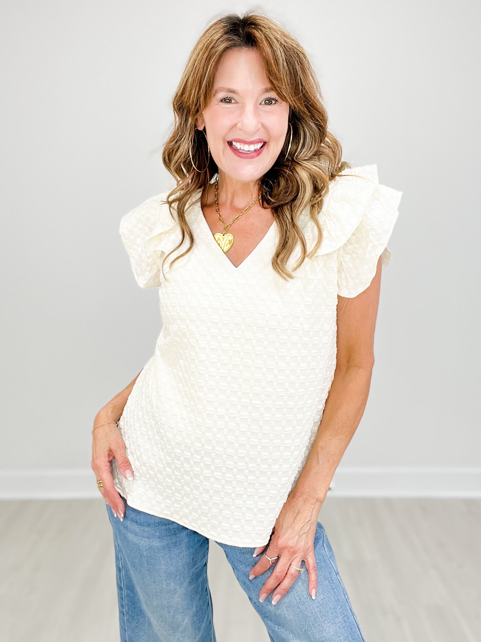 Textured Jacquard V-Neck Ruffled Sleeves Top