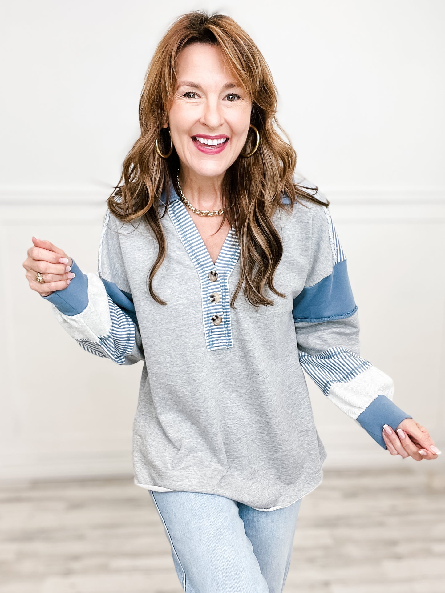 Color Block Long Sleeve Henley Style Oversized Top with Collar