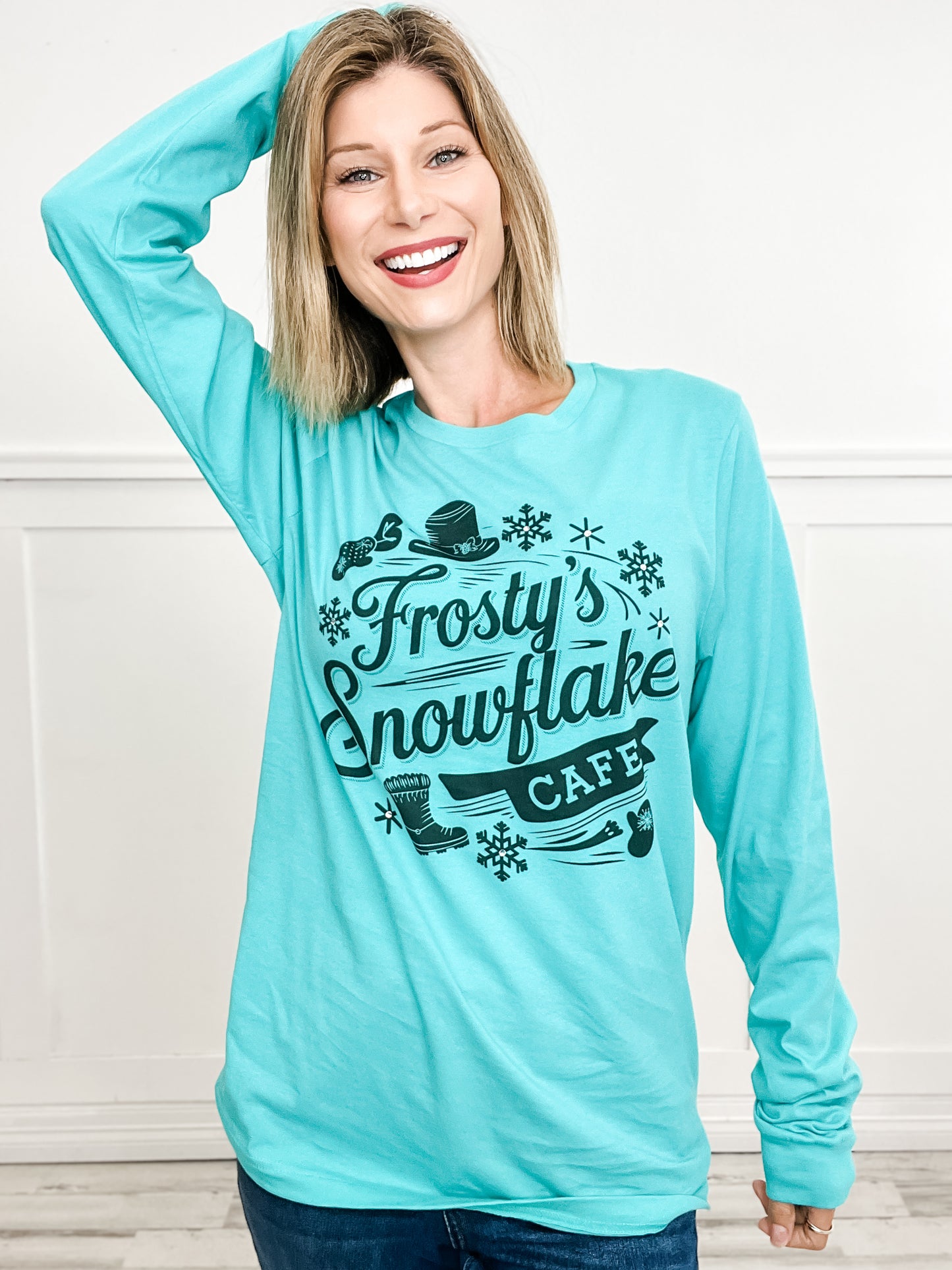 Frosty's Snowflake Cafe Rhinestone Long Sleeve Graphic Tee