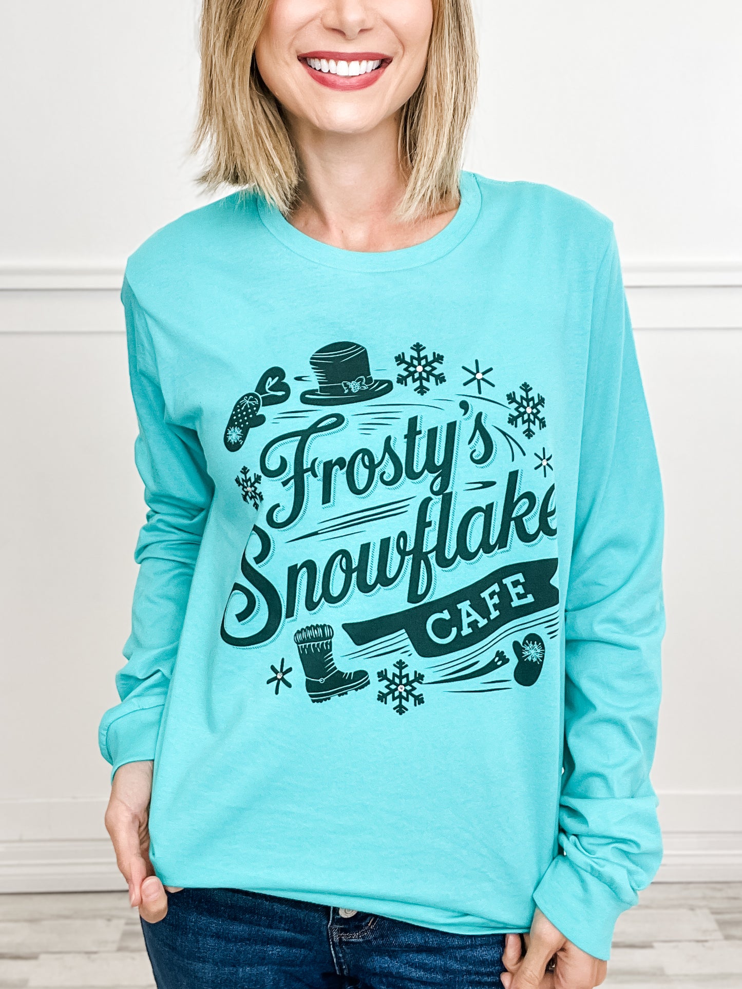 Frosty's Snowflake Cafe Rhinestone Long Sleeve Graphic Tee