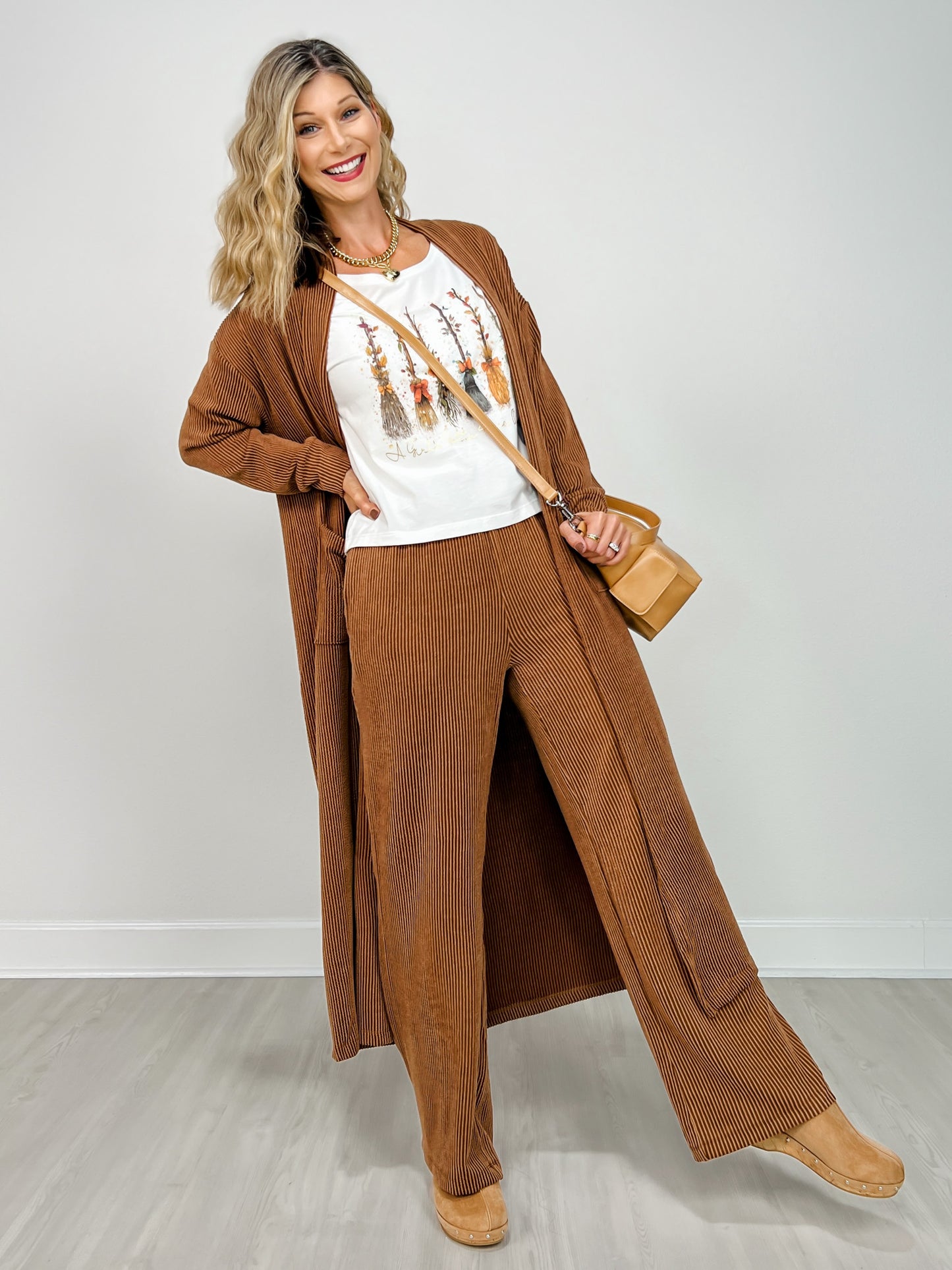 Sunrise Ribbed Knit Cardigan & Pants Set in ESPRESSO