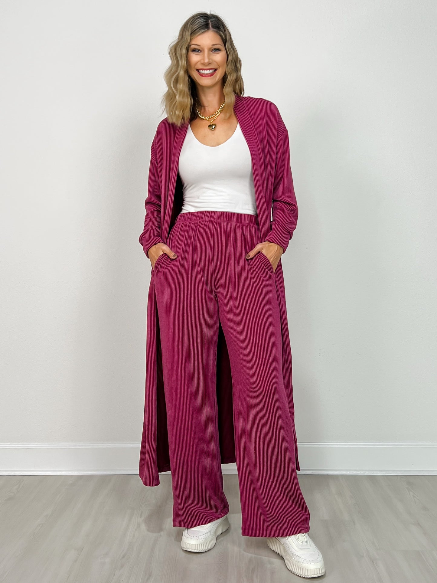 Sunrise Ribbed Knit Cardigan & Pants Set in PLUM