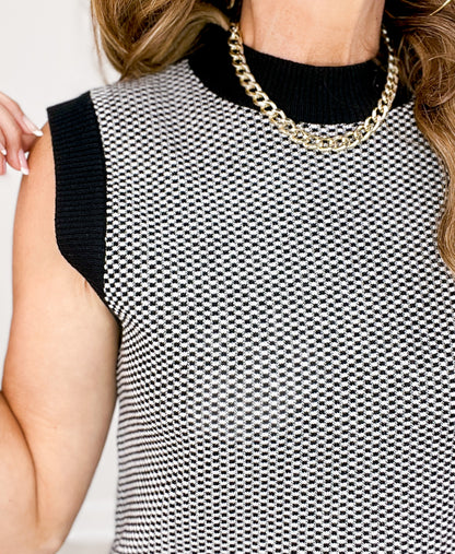 Sleeveless Checker Knit Top with Ribbed Band Neckline
