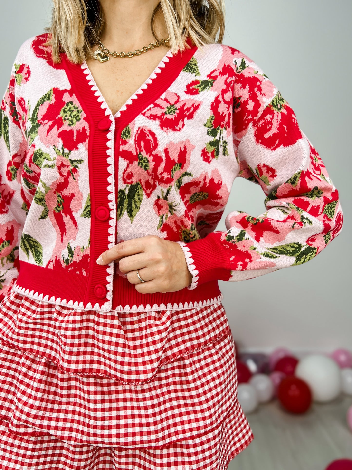 Floral Print Cardigan Sweater with Scallop Detail Edges