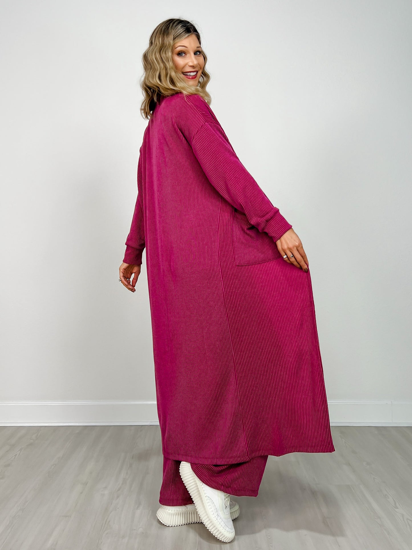 Sunrise Ribbed Knit Cardigan & Pants Set in PLUM