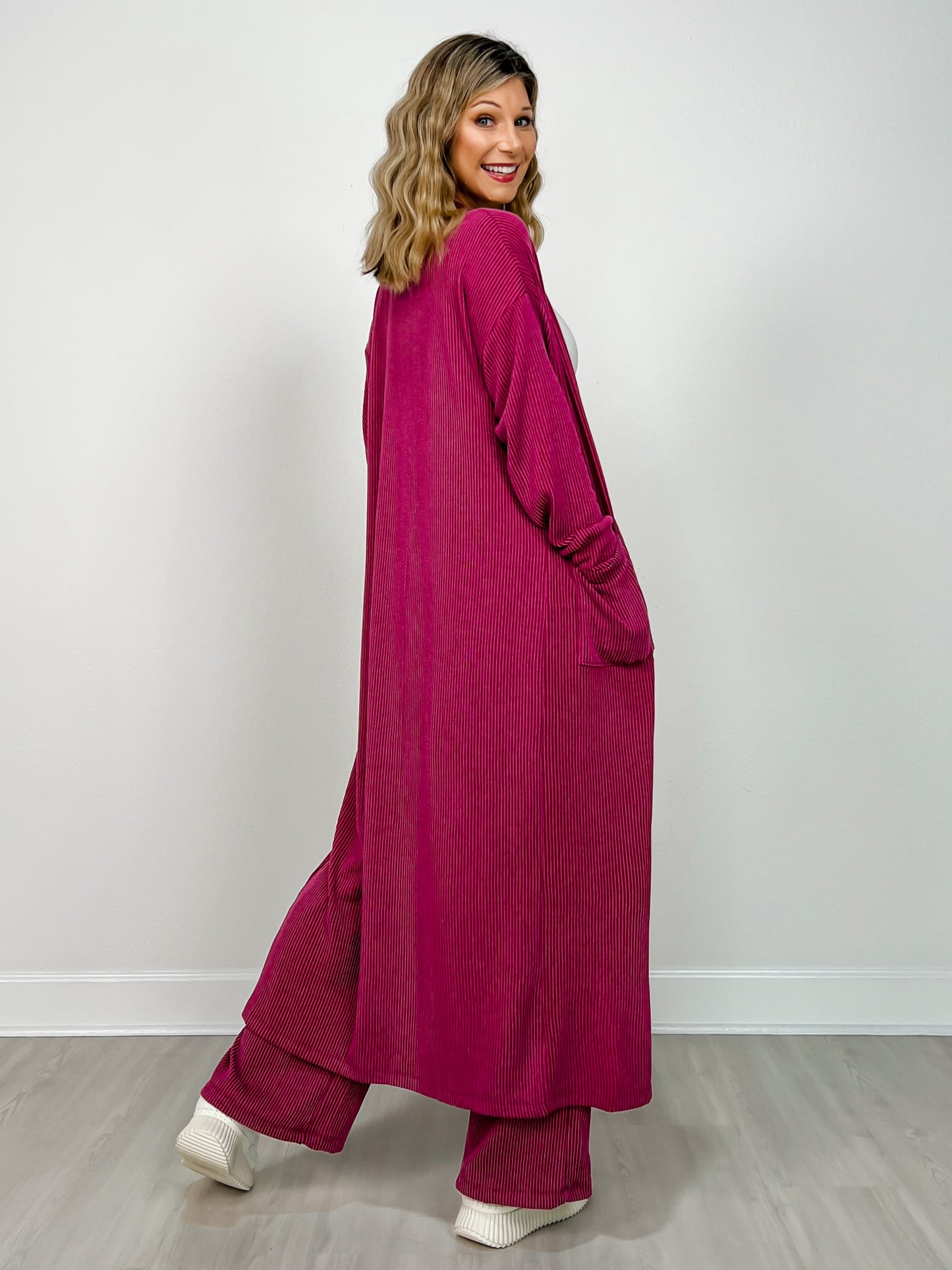 Sunrise Ribbed Knit Cardigan & Pants Set in PLUM