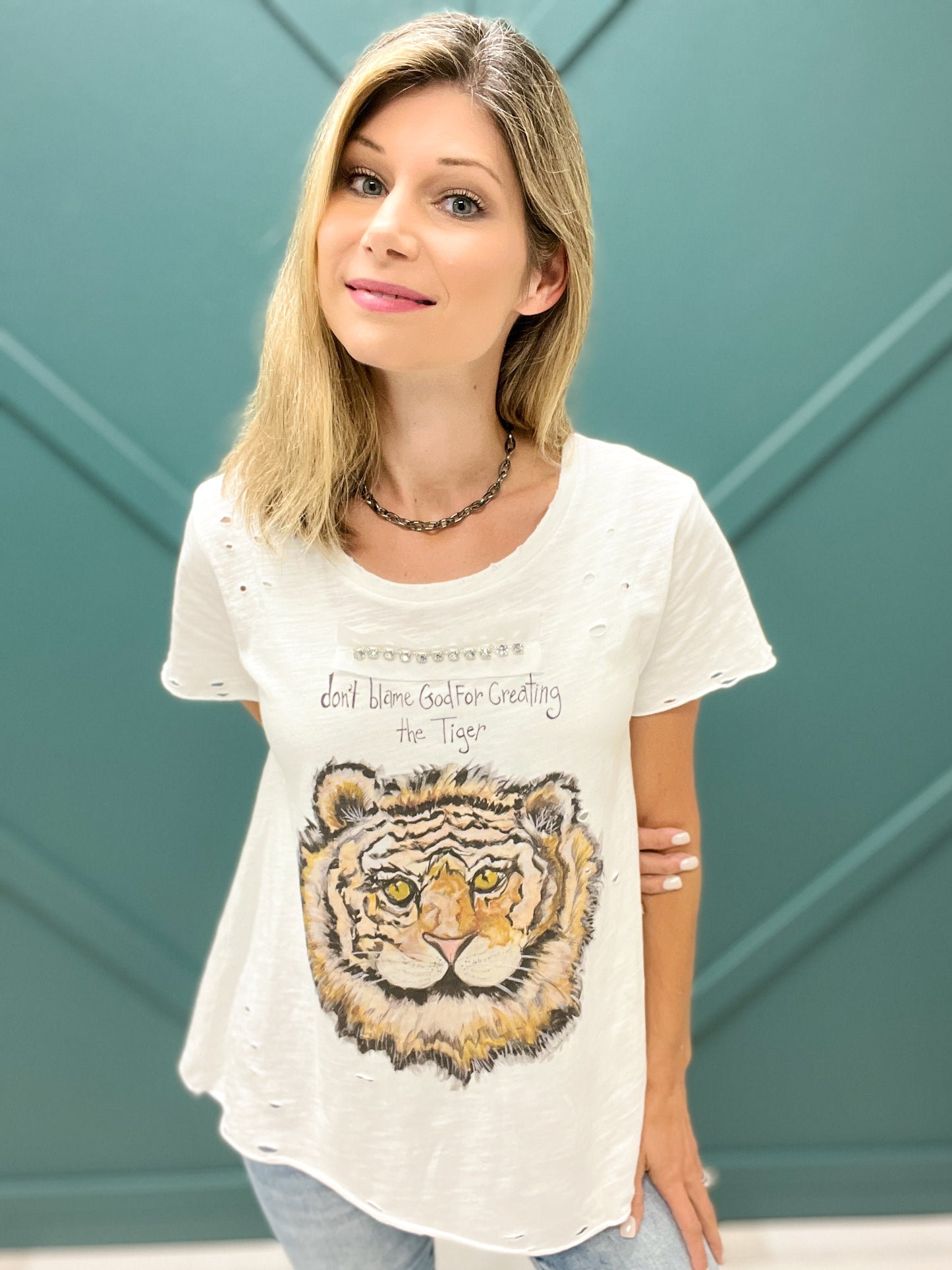 Don't Blame God for Creating the Tiger Distressed Tee