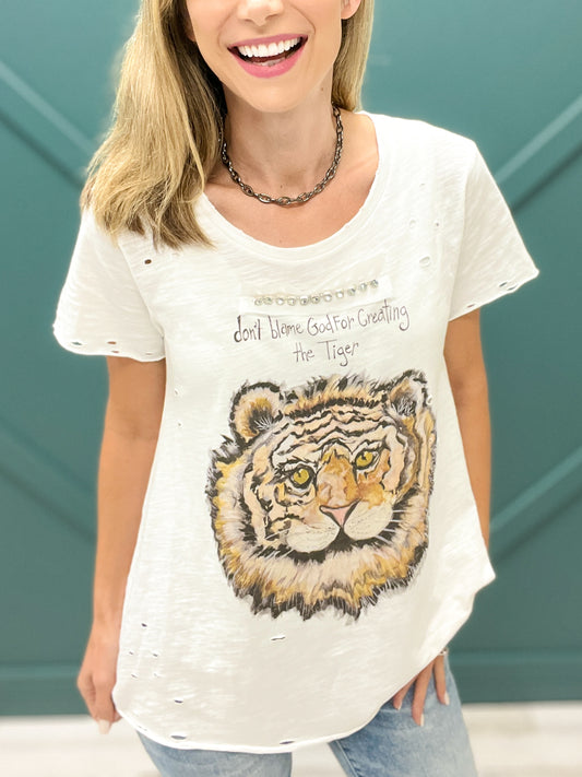 Don't Blame God for Creating the Tiger Distressed Tee