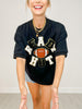 "Ready Hut" with Football Letter Patch Appliques on Oversized Top
