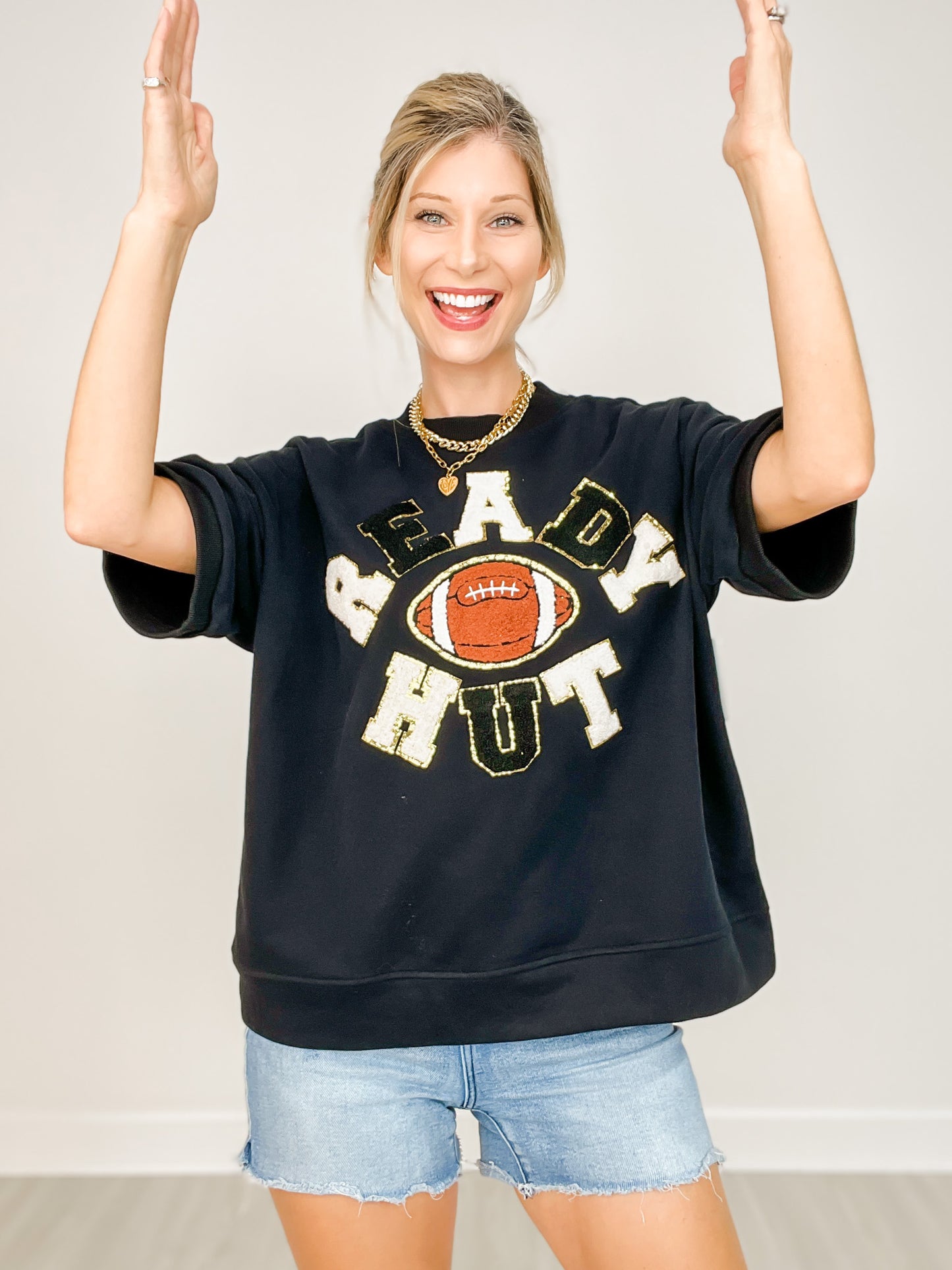 "Ready Hut" with Football Letter Patch Appliques on Oversized Top