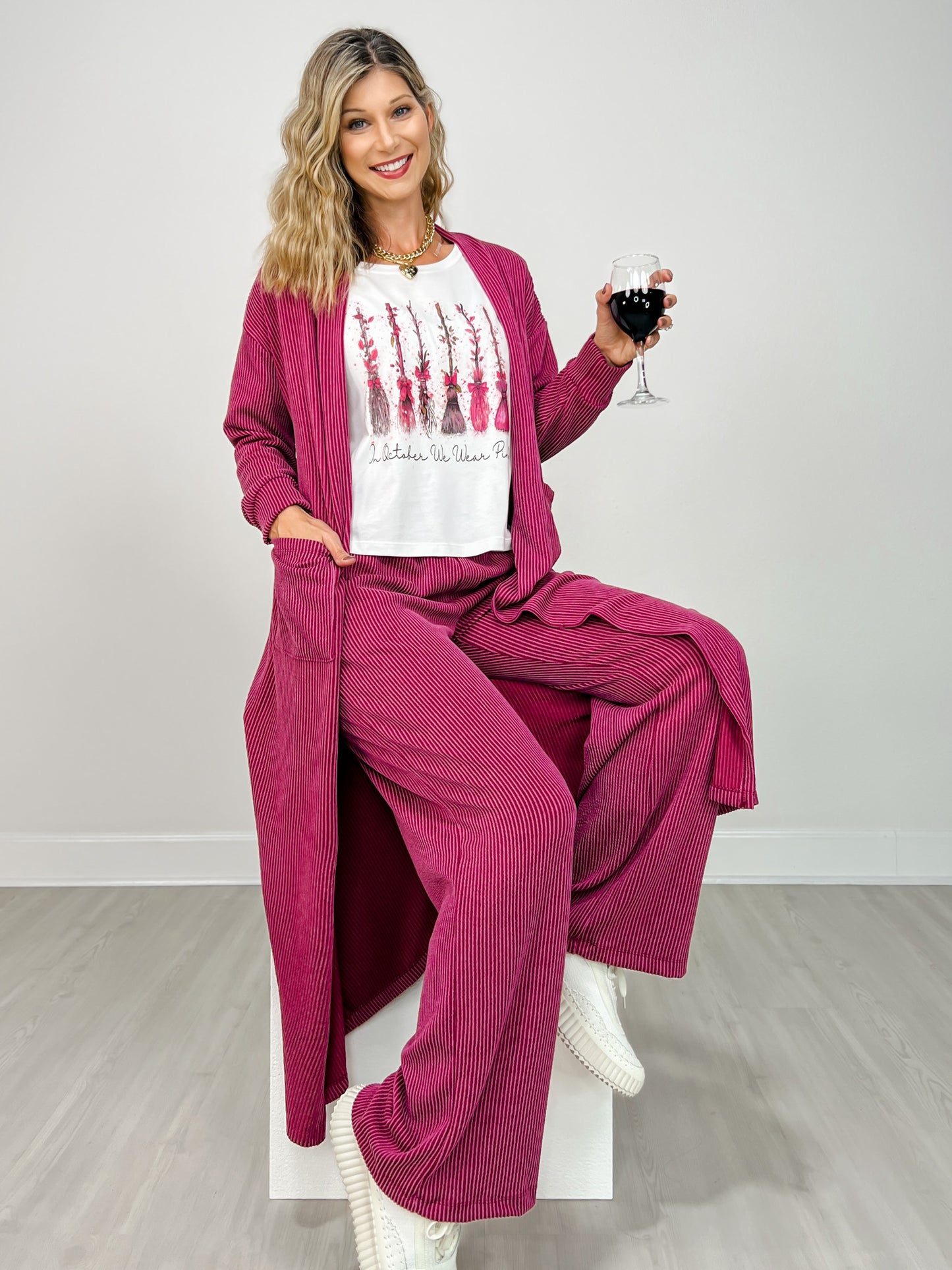 Sunrise Ribbed Knit Cardigan & Pants Set in PLUM