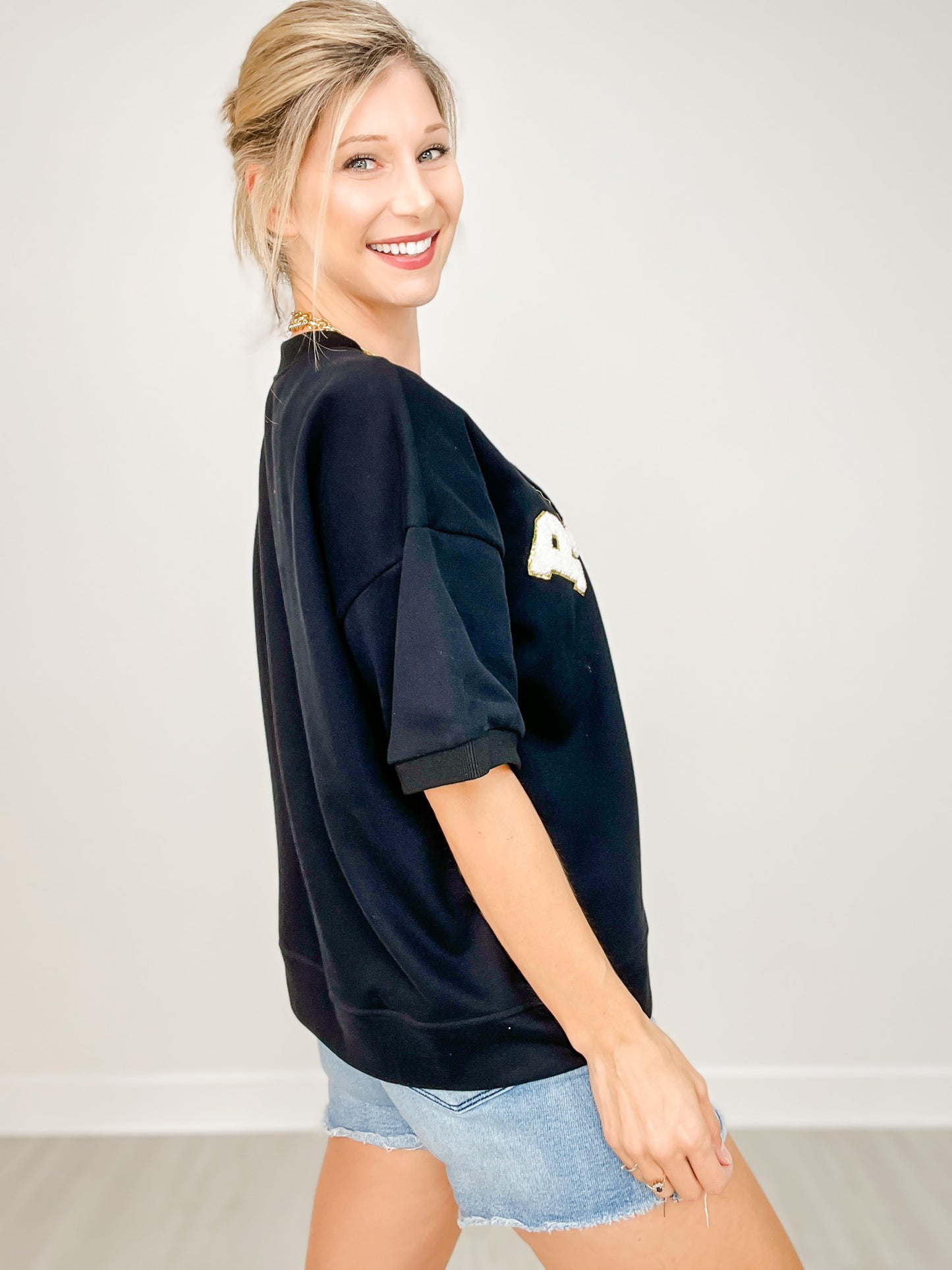 "Ready Hut" with Football Letter Patch Appliques on Oversized Top