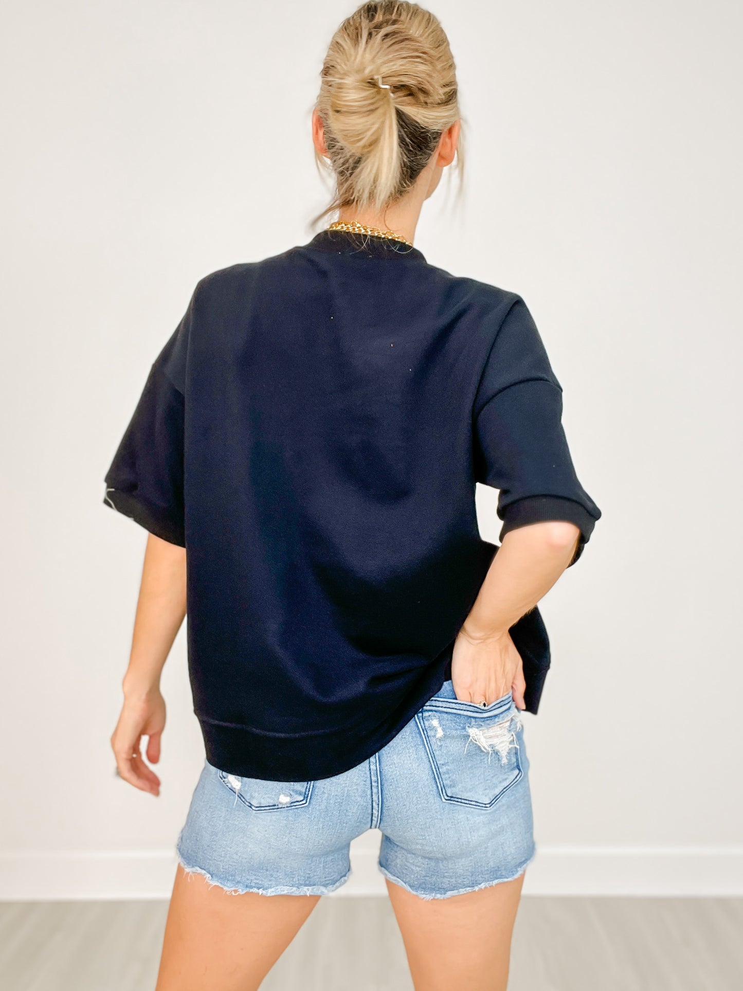 "Ready Hut" with Football Letter Patch Appliques on Oversized Top