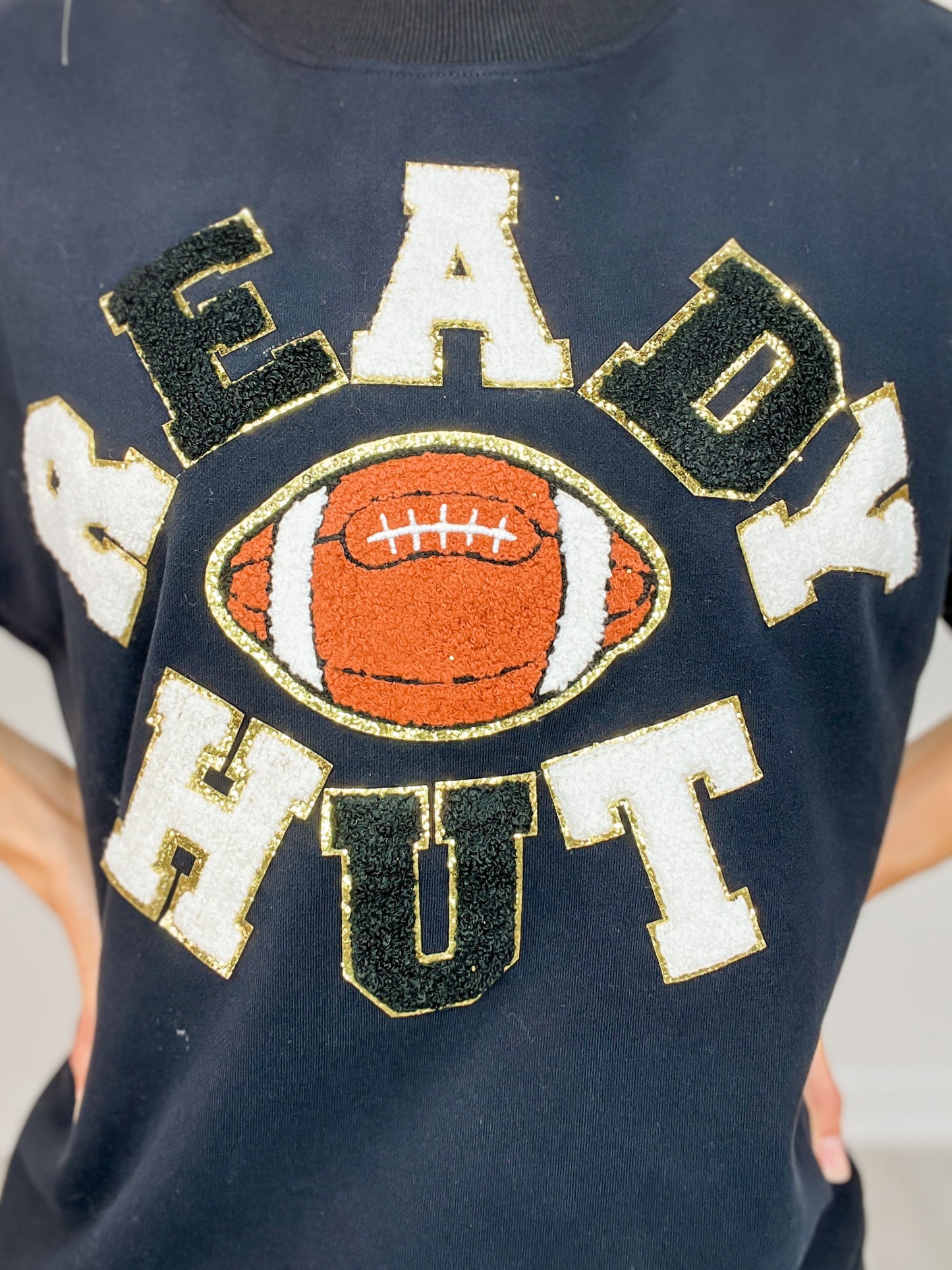 "Ready Hut" with Football Letter Patch Appliques on Oversized Top