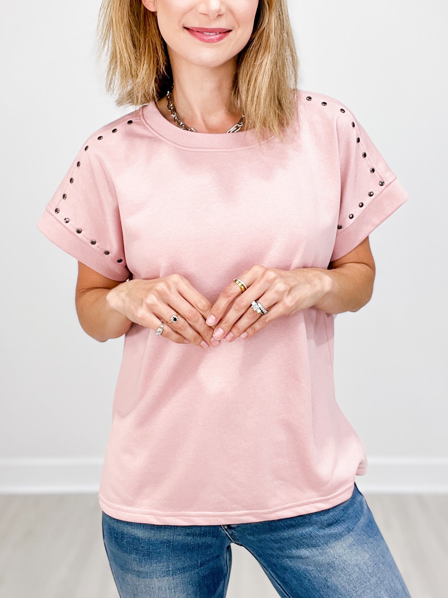 Short Sleeve Round Neck Top with Metallic Rivet Shoulder Details