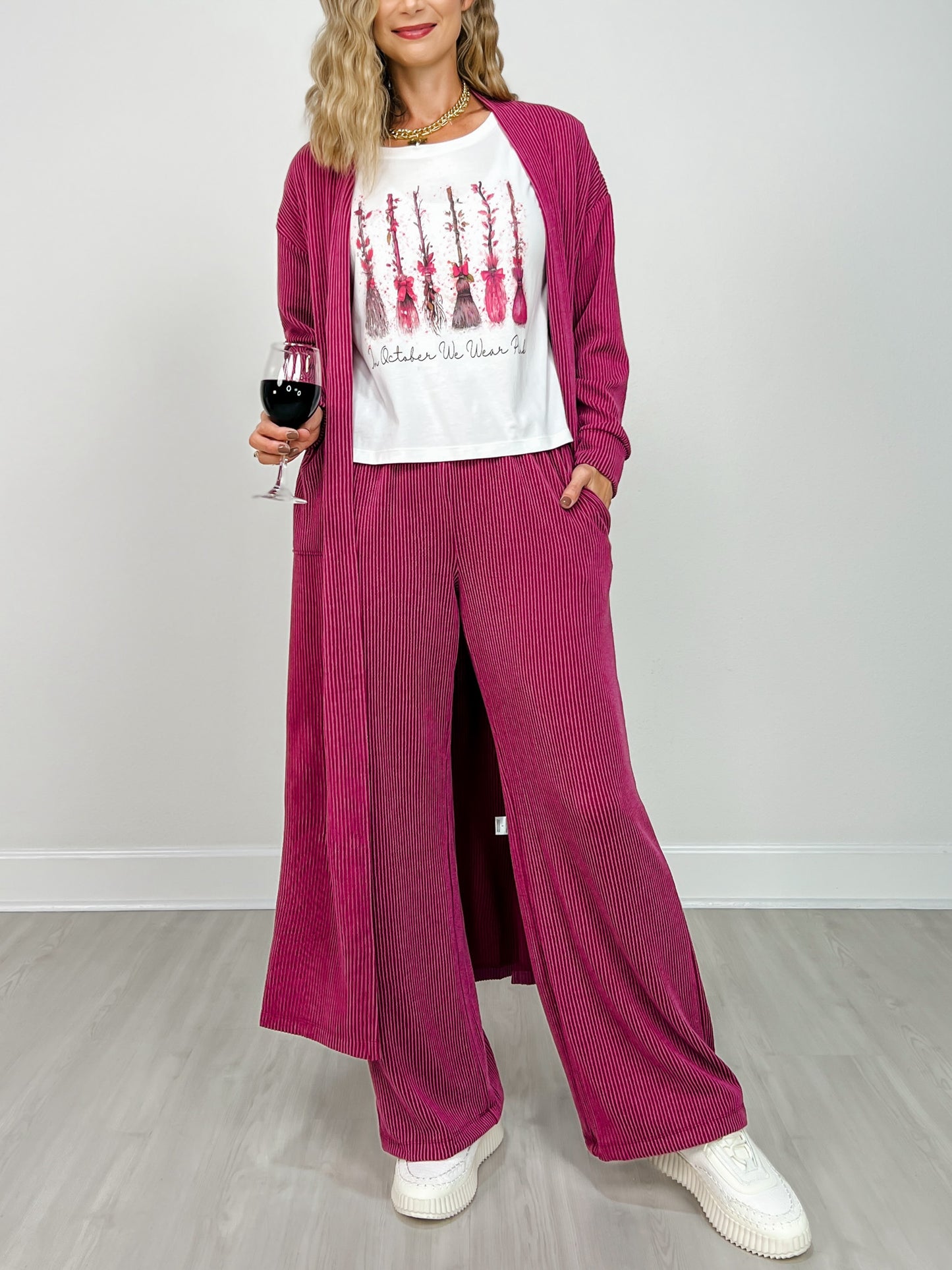 Sunrise Ribbed Knit Cardigan & Pants Set in PLUM