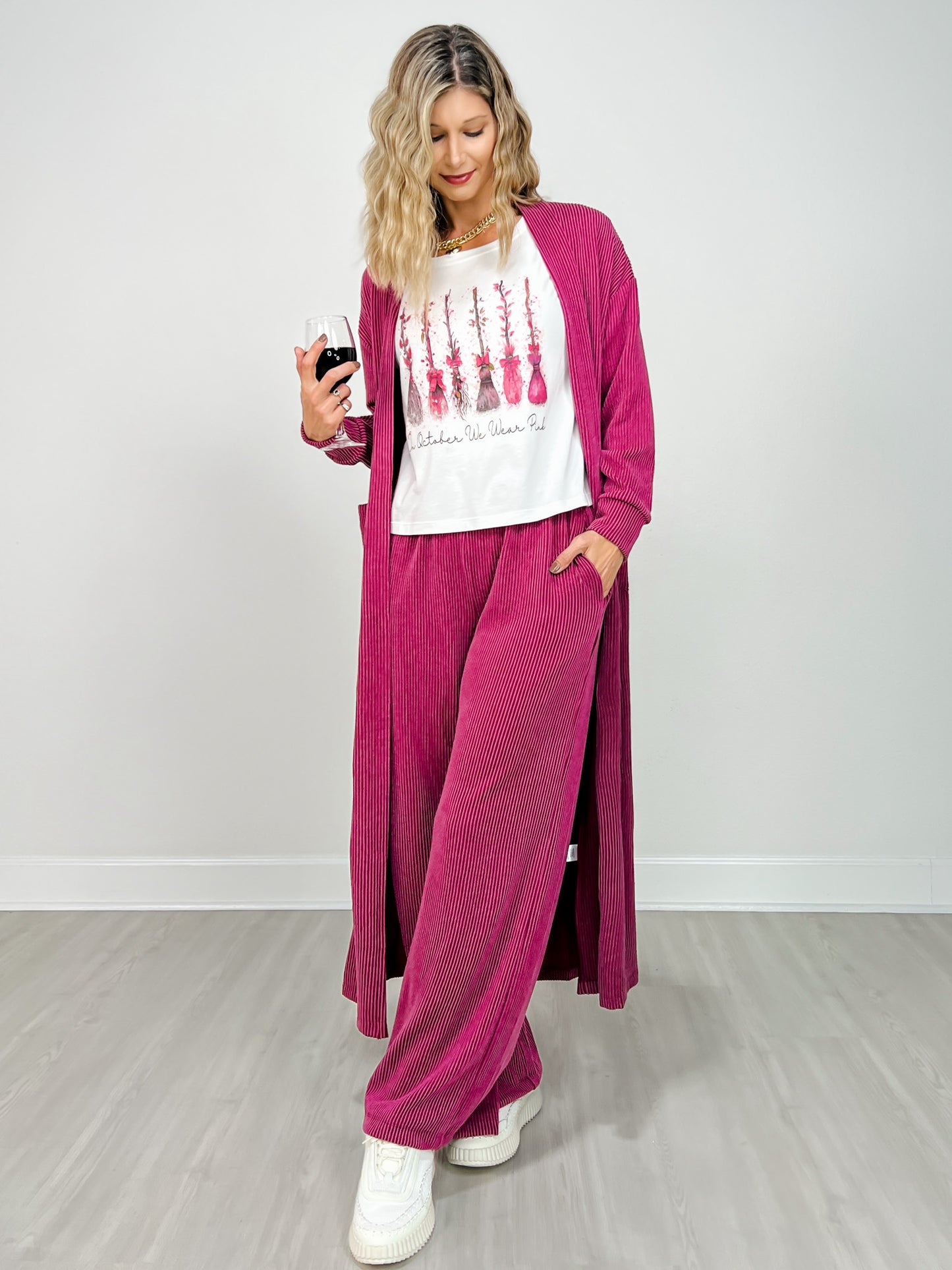 Sunrise Ribbed Knit Cardigan & Pants Set in PLUM