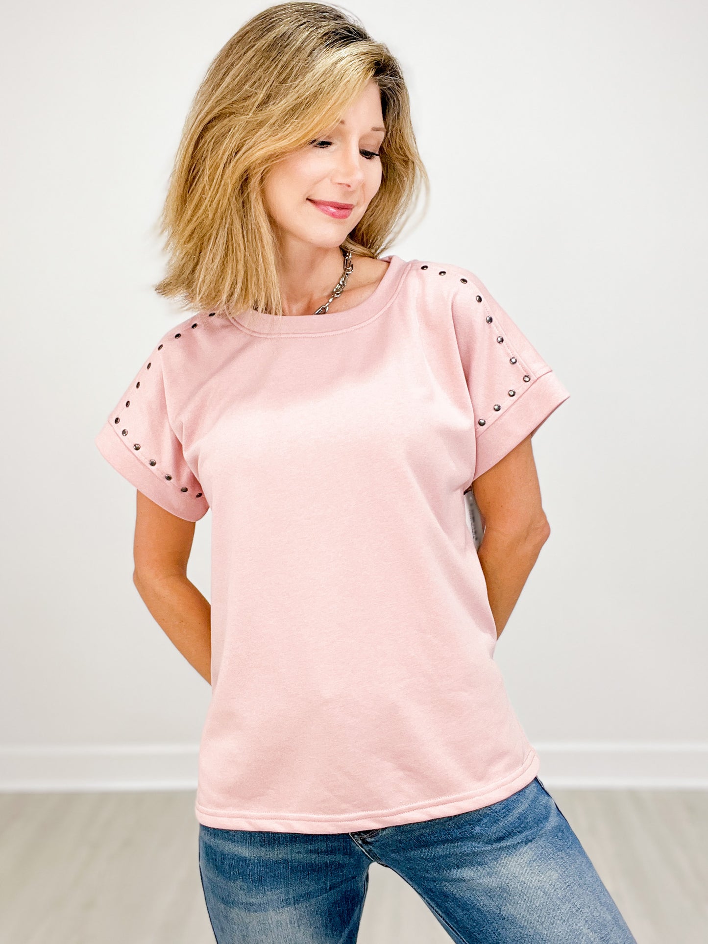 Short Sleeve Round Neck Top with Metallic Rivet Shoulder Details