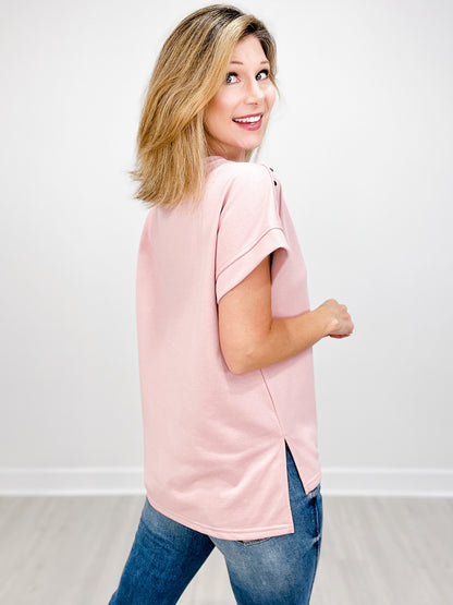 Short Sleeve Round Neck Top with Metallic Rivet Shoulder Details