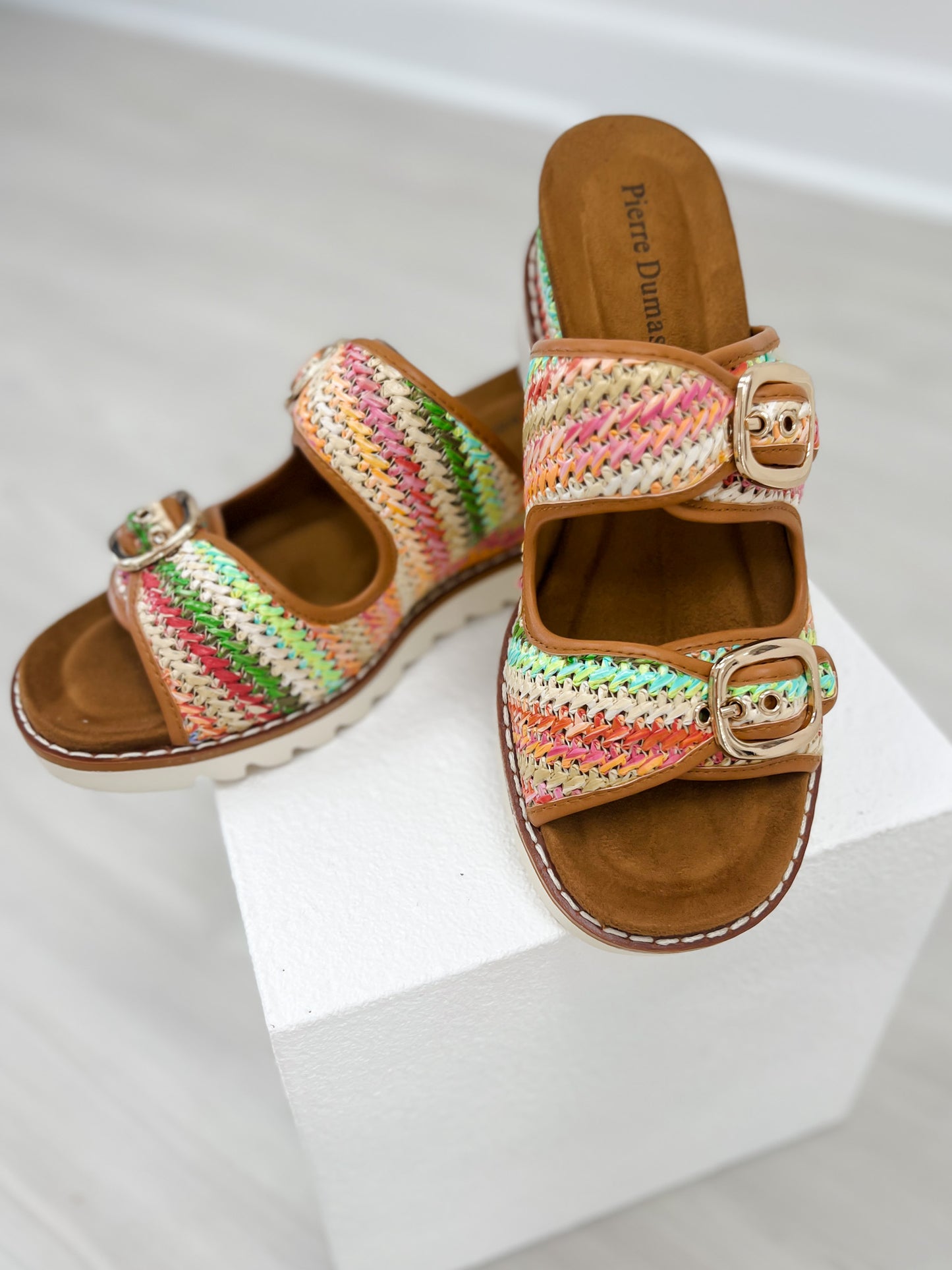 Pierre Dumas Expand-2 Double Buckle Sandals in Tan Combo