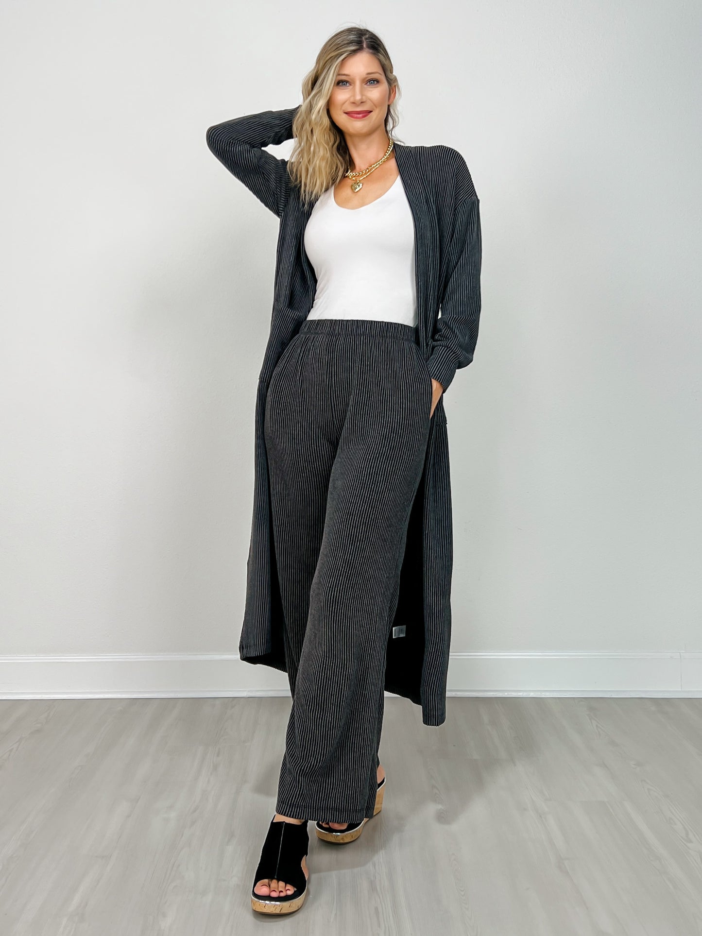 Sunrise Ribbed Knit Cardigan & Pants Set in BLACK