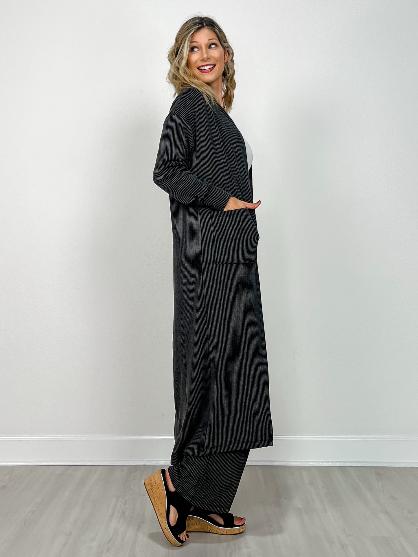 Sunrise Ribbed Knit Cardigan & Pants Set in BLACK