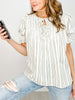 Embroidery Striped Top with Puff Sleeves and Smocked Yoke