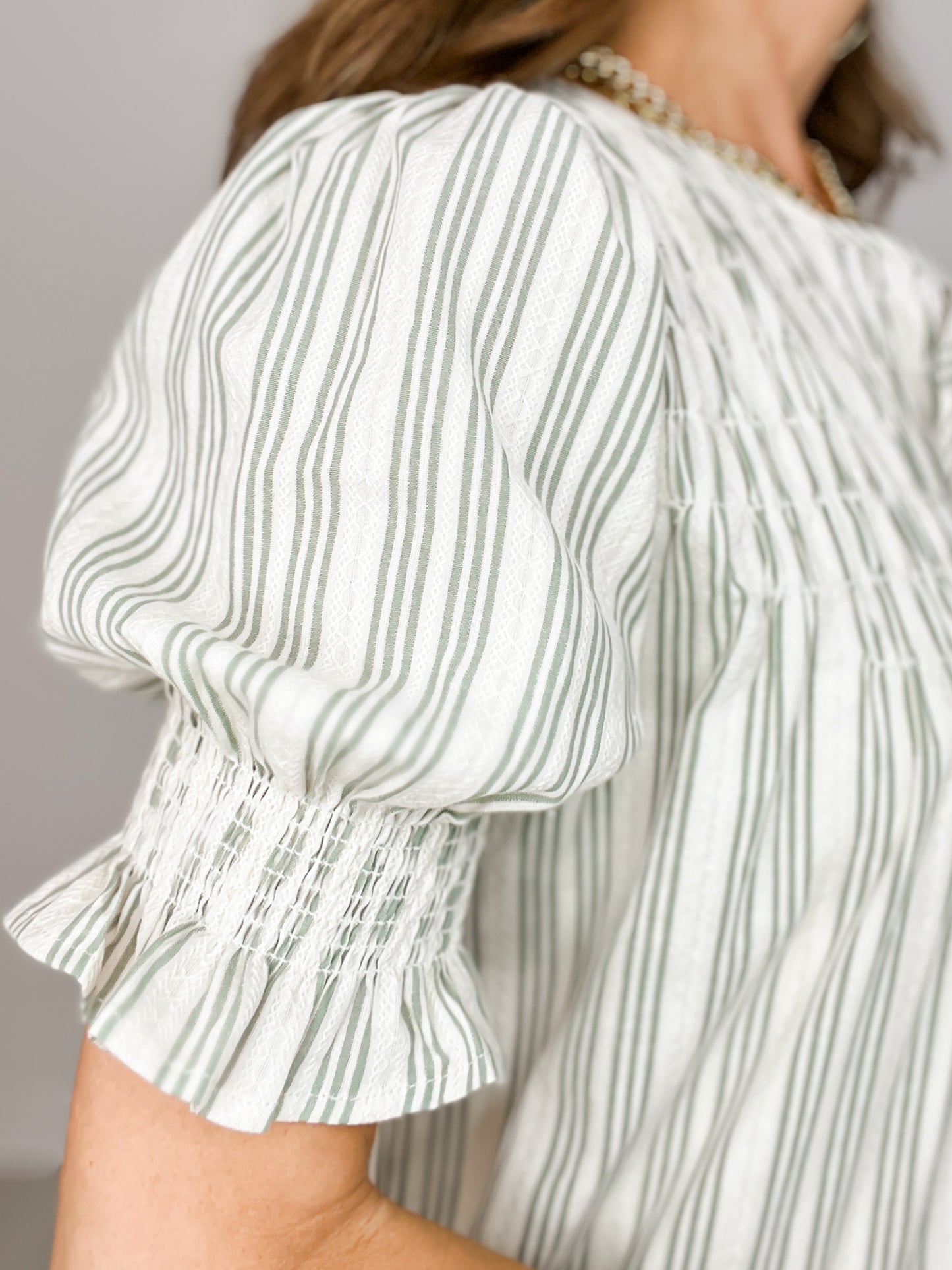 Embroidery Striped Top with Puff Sleeves and Smocked Yoke