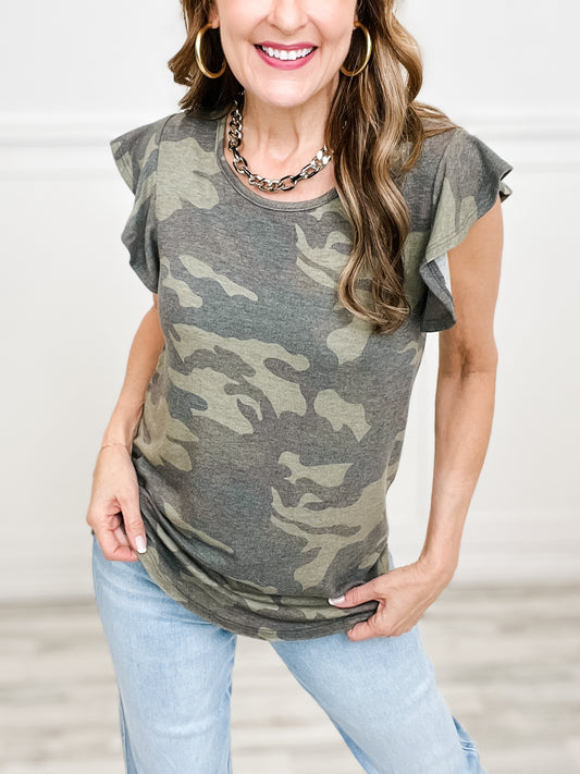 CAMO PRINT SHORT SLEEVE RUFFLE TOP