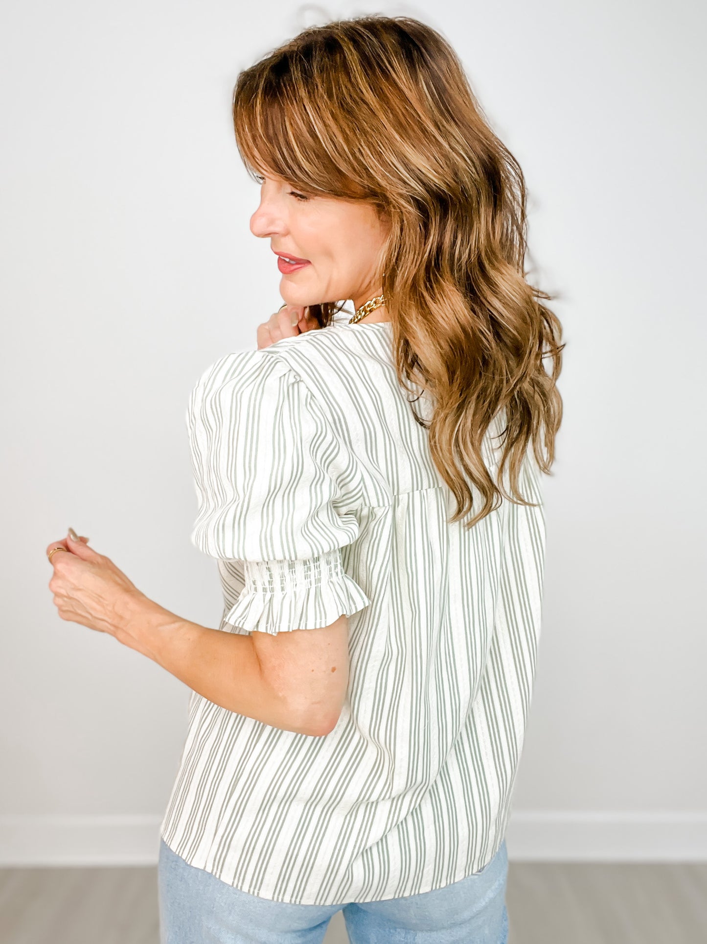 Embroidery Striped Top with Puff Sleeves and Smocked Yoke