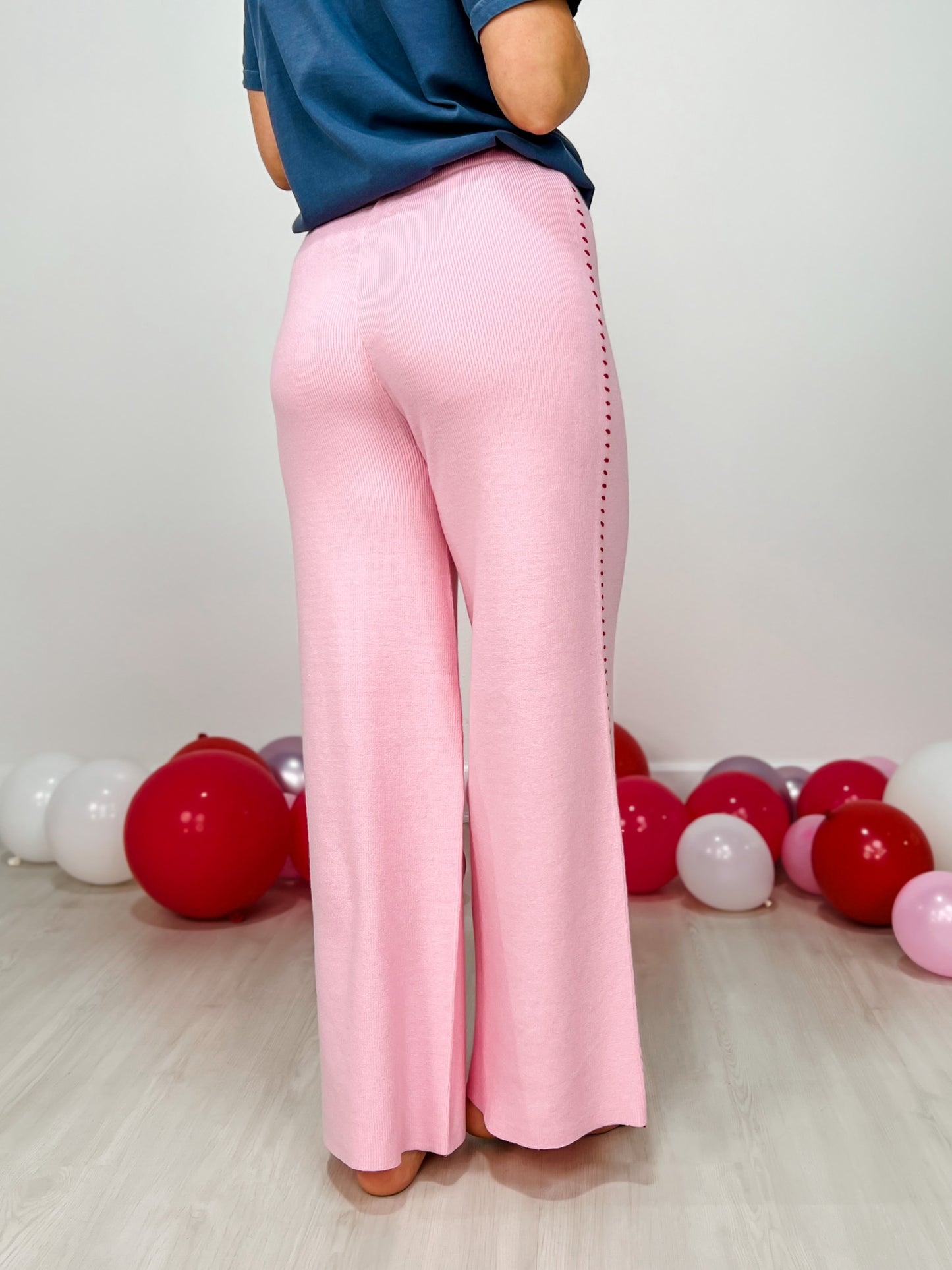 Wide Leg Knit Pants With Blanket Stitch