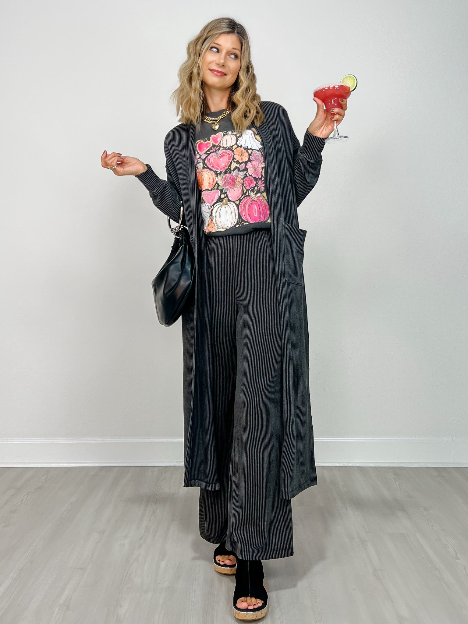 Sunrise Ribbed Knit Cardigan & Pants Set in BLACK