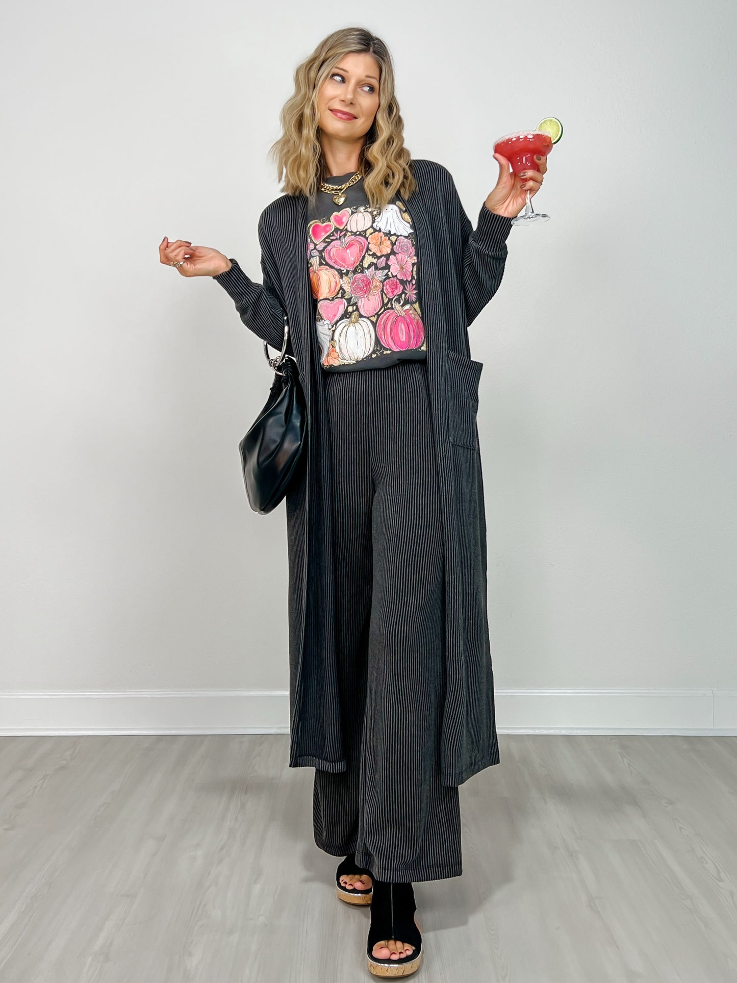 Sunrise Ribbed Knit Cardigan & Pants Set in BLACK