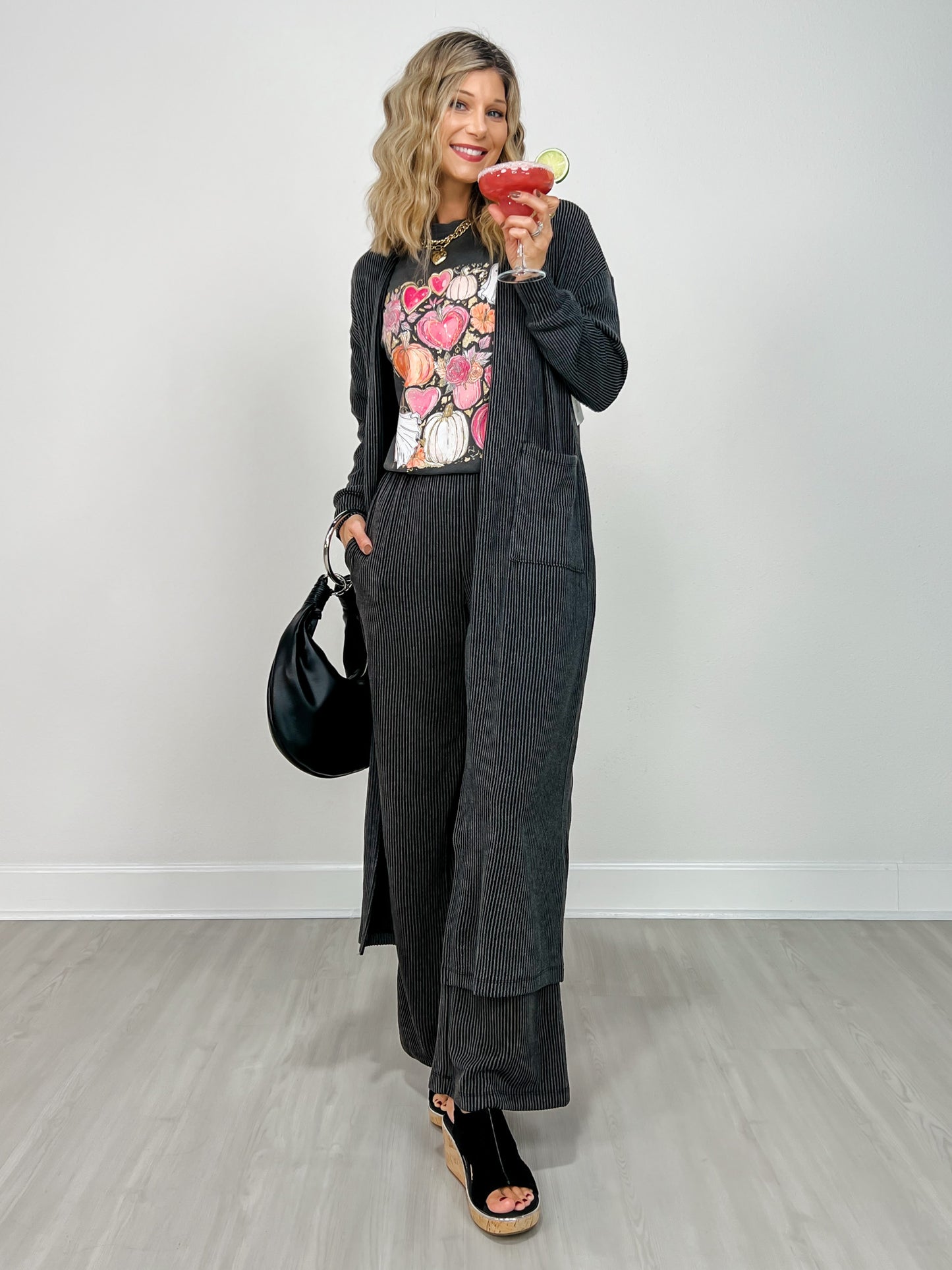 Sunrise Ribbed Knit Cardigan & Pants Set in BLACK