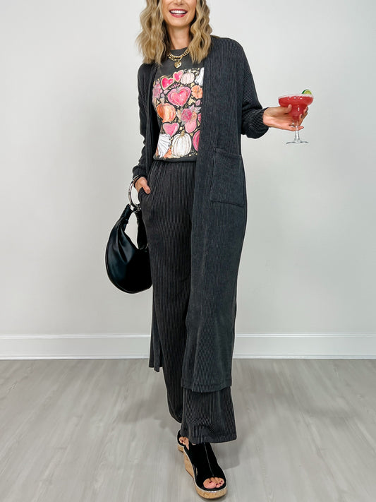 Sunrise Ribbed Knit Cardigan & Pants Set in BLACK