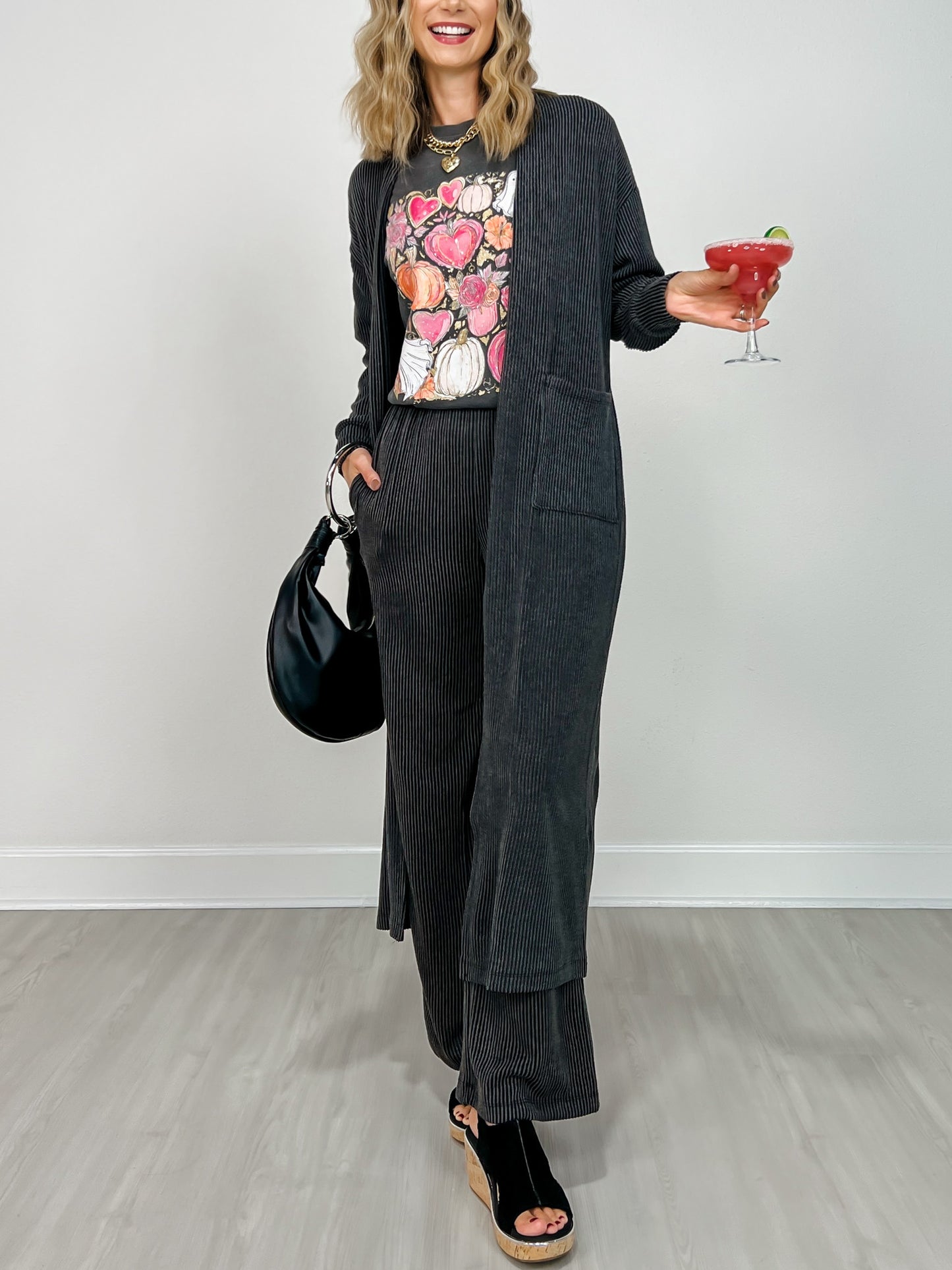 Sunrise Ribbed Knit Cardigan & Pants Set in BLACK