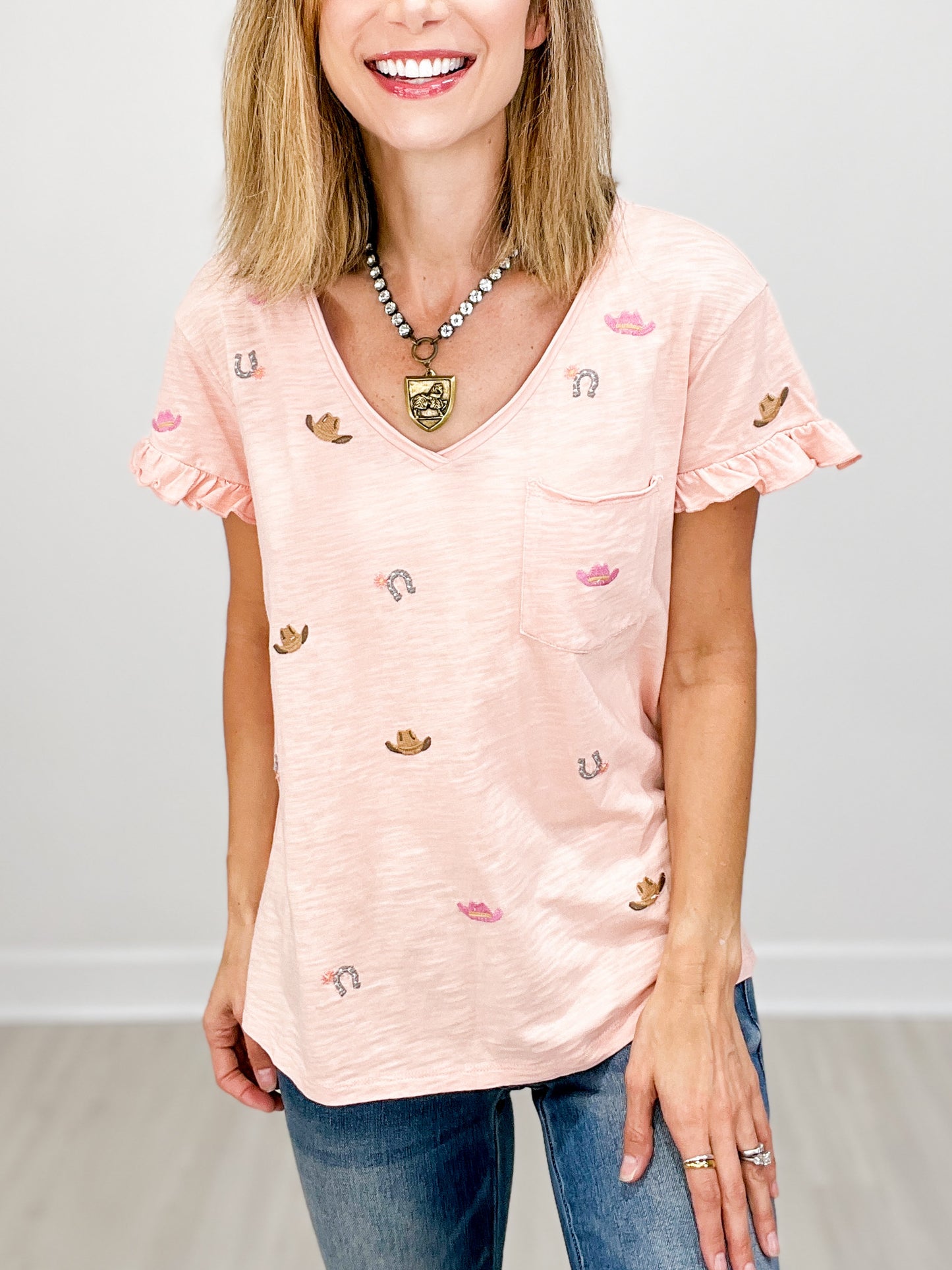 Western Inspired V-Neck Ruffle Sleeve with Front Accent Pocket Top