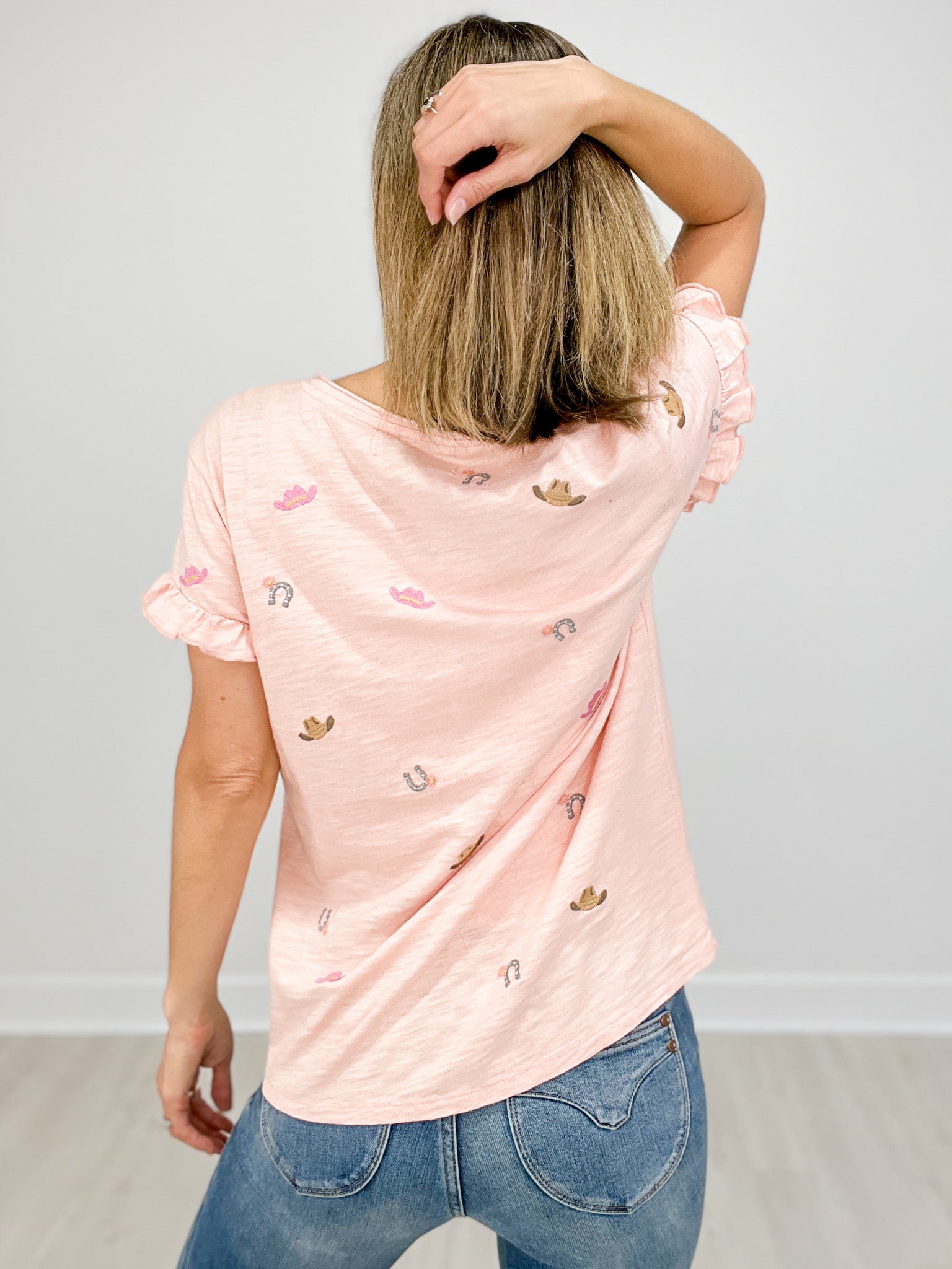 Western Inspired V-Neck Ruffle Sleeve with Front Accent Pocket Top