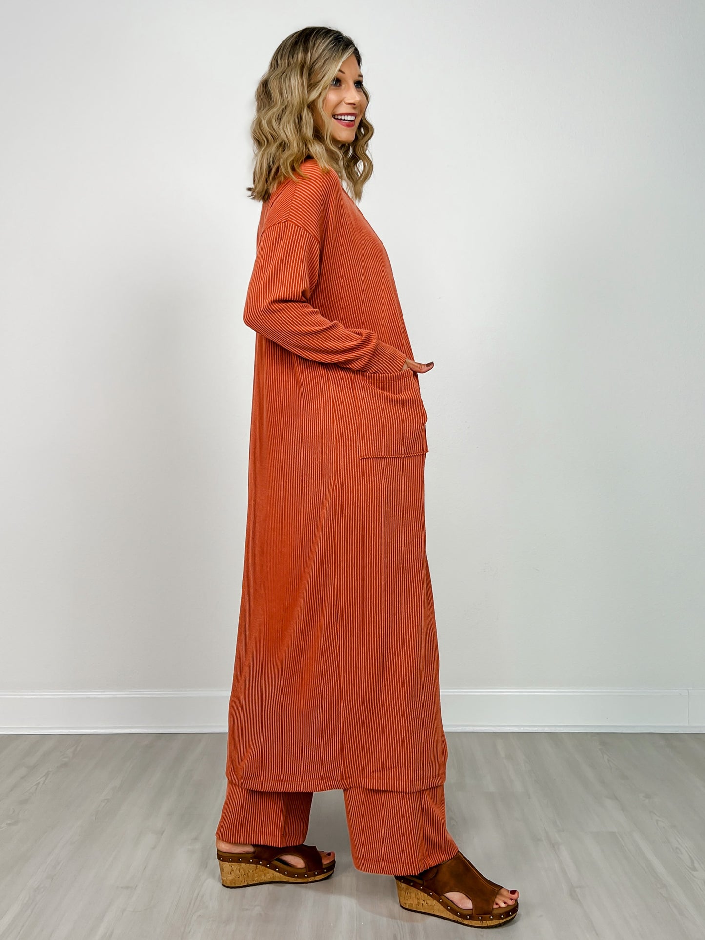 Sunrise Ribbed Knit Cardigan & Pants Set in TERRACOTTA