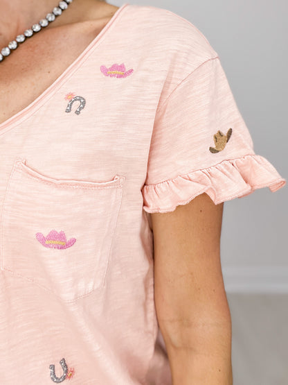 Western Inspired V-Neck Ruffle Sleeve with Front Accent Pocket Top