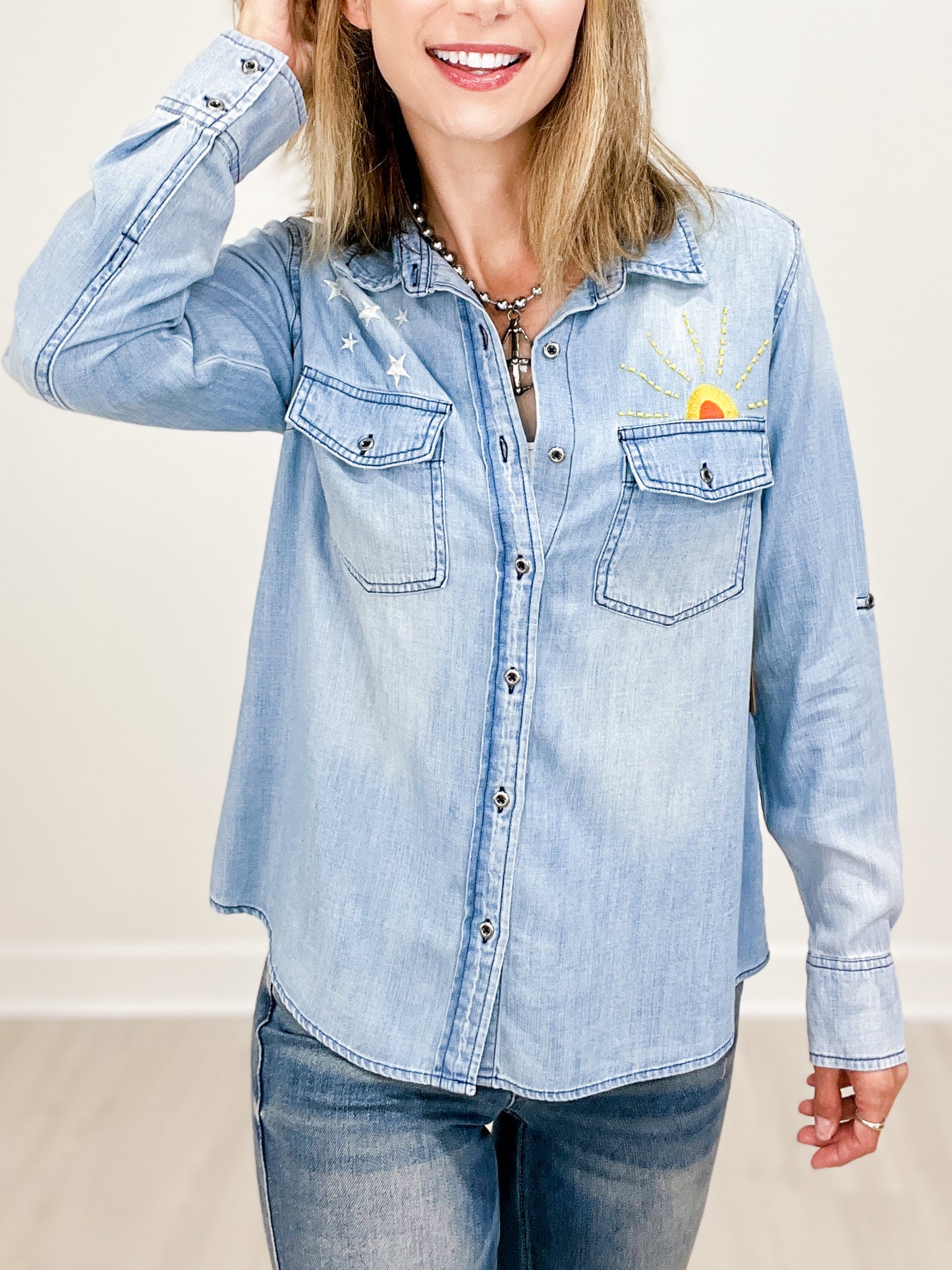 Hello Sunshine Embroidered Denim Button Down Collared Top