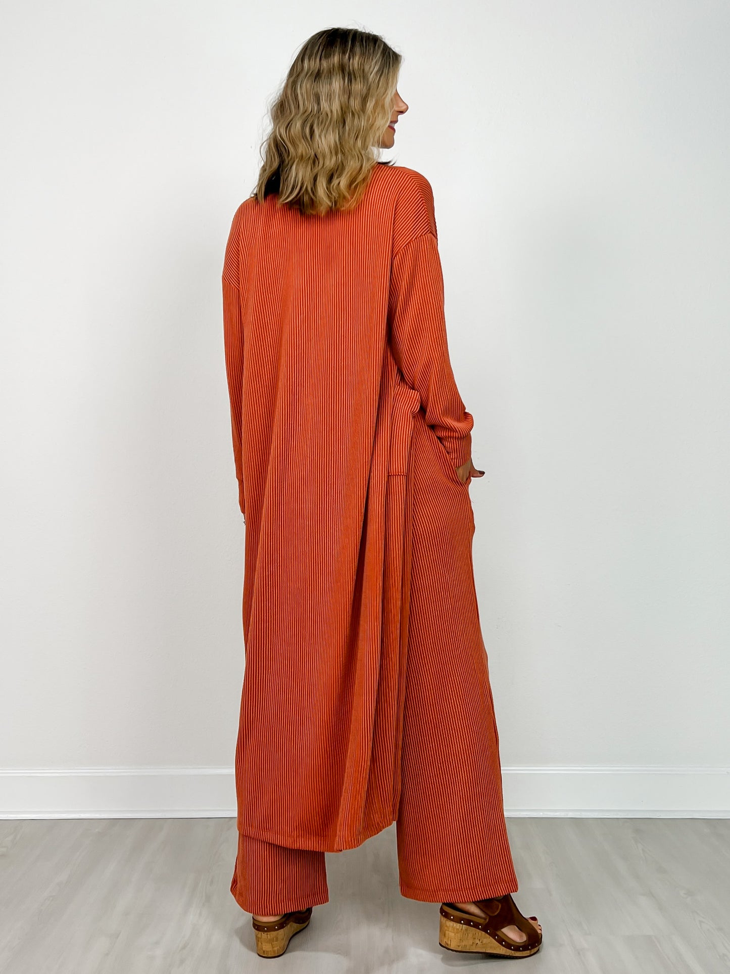 Sunrise Ribbed Knit Cardigan & Pants Set in TERRACOTTA