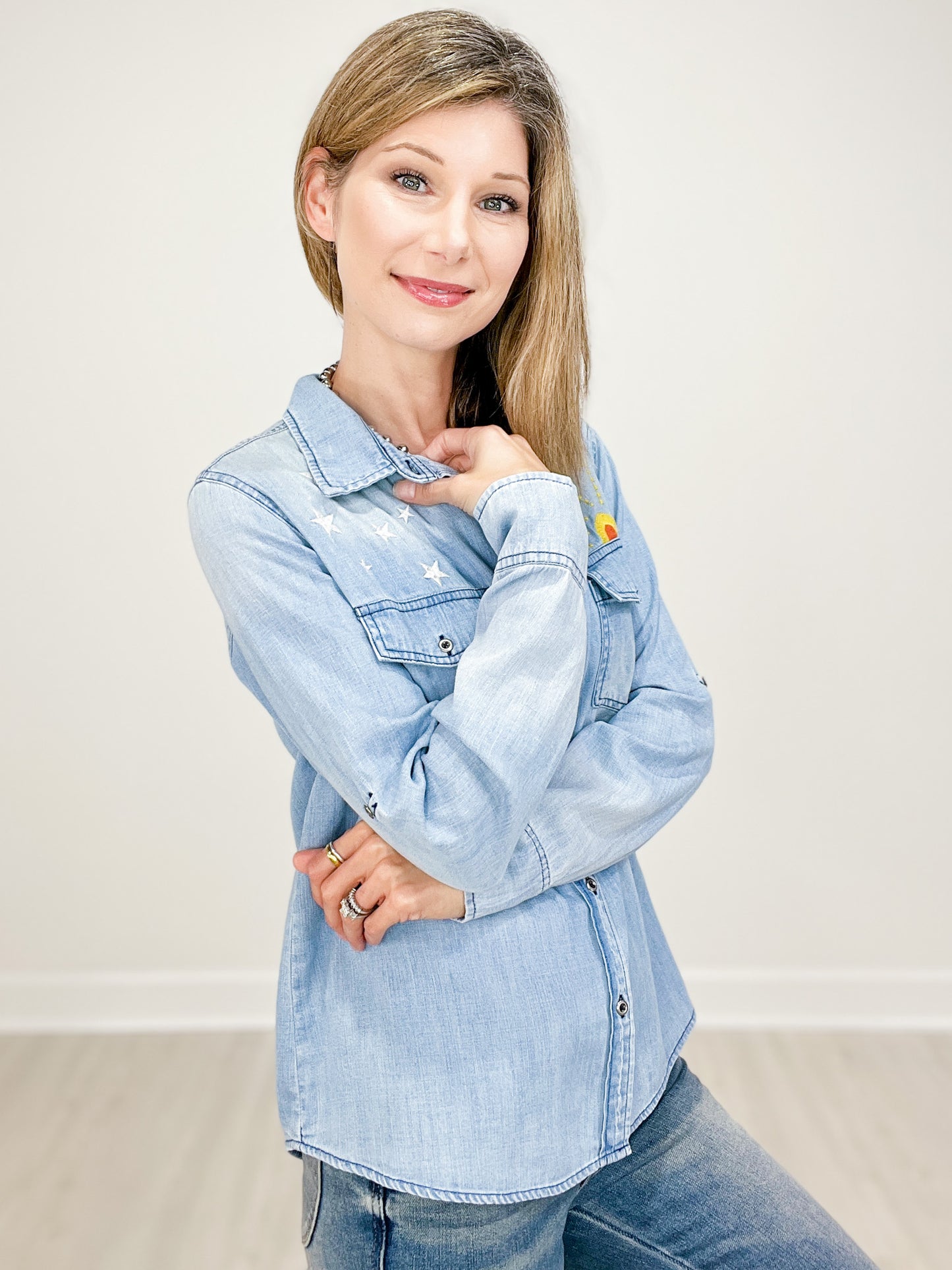 Hello Sunshine Embroidered Denim Button Down Collared Top