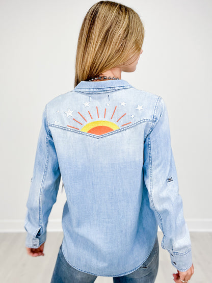 Hello Sunshine Embroidered Denim Button Down Collared Top