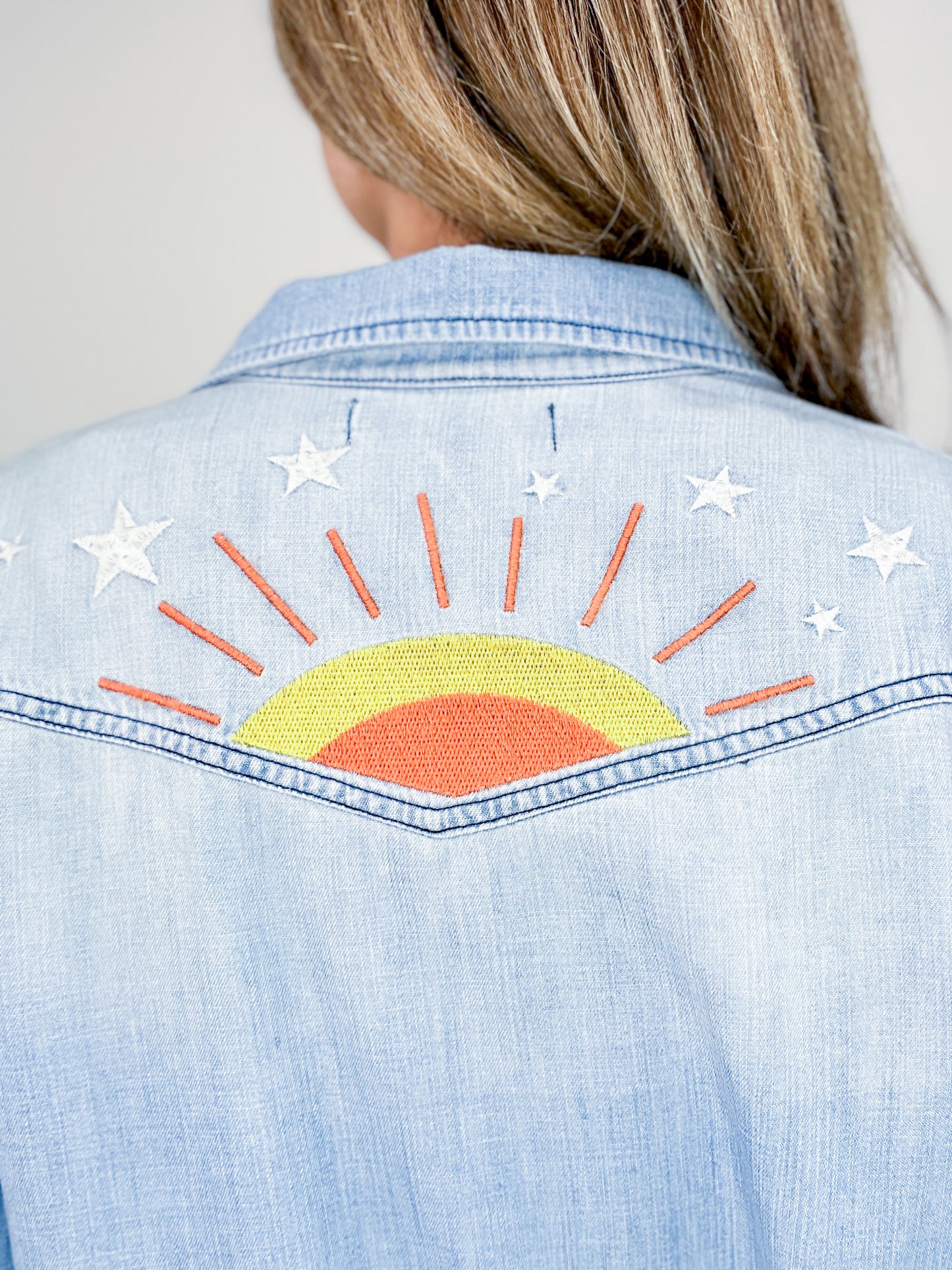 Hello Sunshine Embroidered Denim Button Down Collared Top