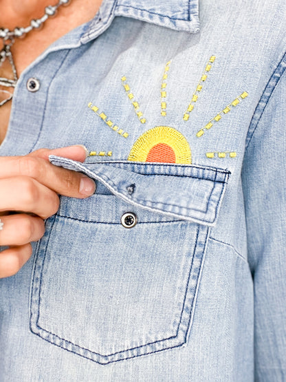 Hello Sunshine Embroidered Denim Button Down Collared Top