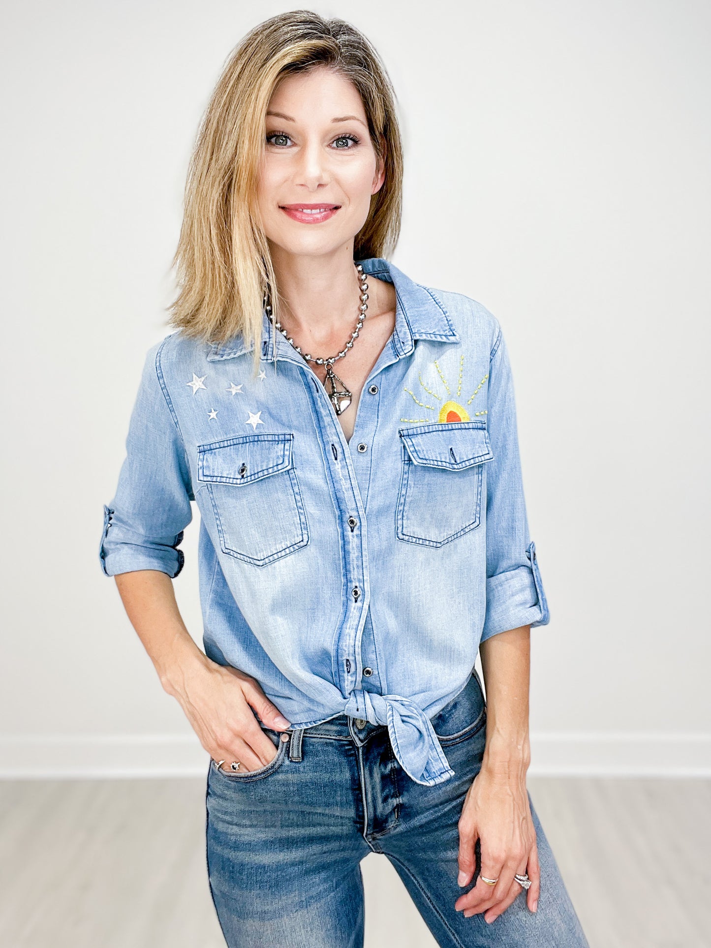 Hello Sunshine Embroidered Denim Button Down Collared Top