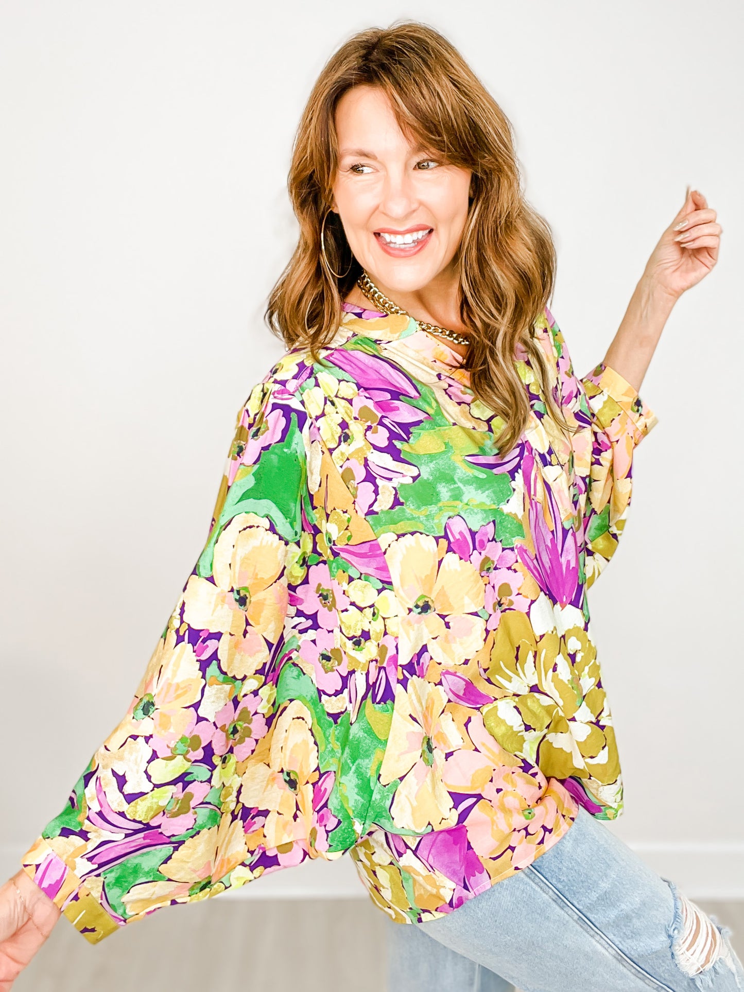 Floral Printed Batwing Oversized Top